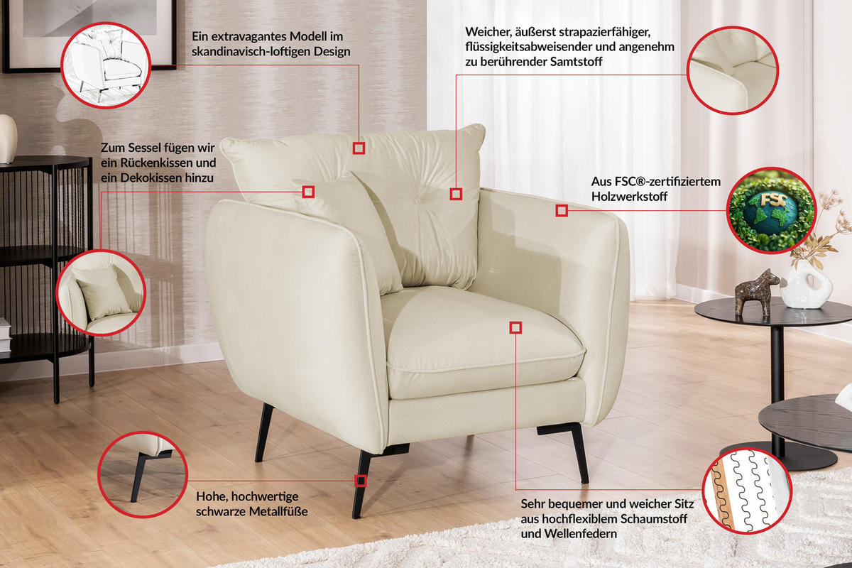 SESSEL Nordloft Beige Samt - Beige/Schwarz, Holz/Textil (101/86/100cm) - S-Style Möbel