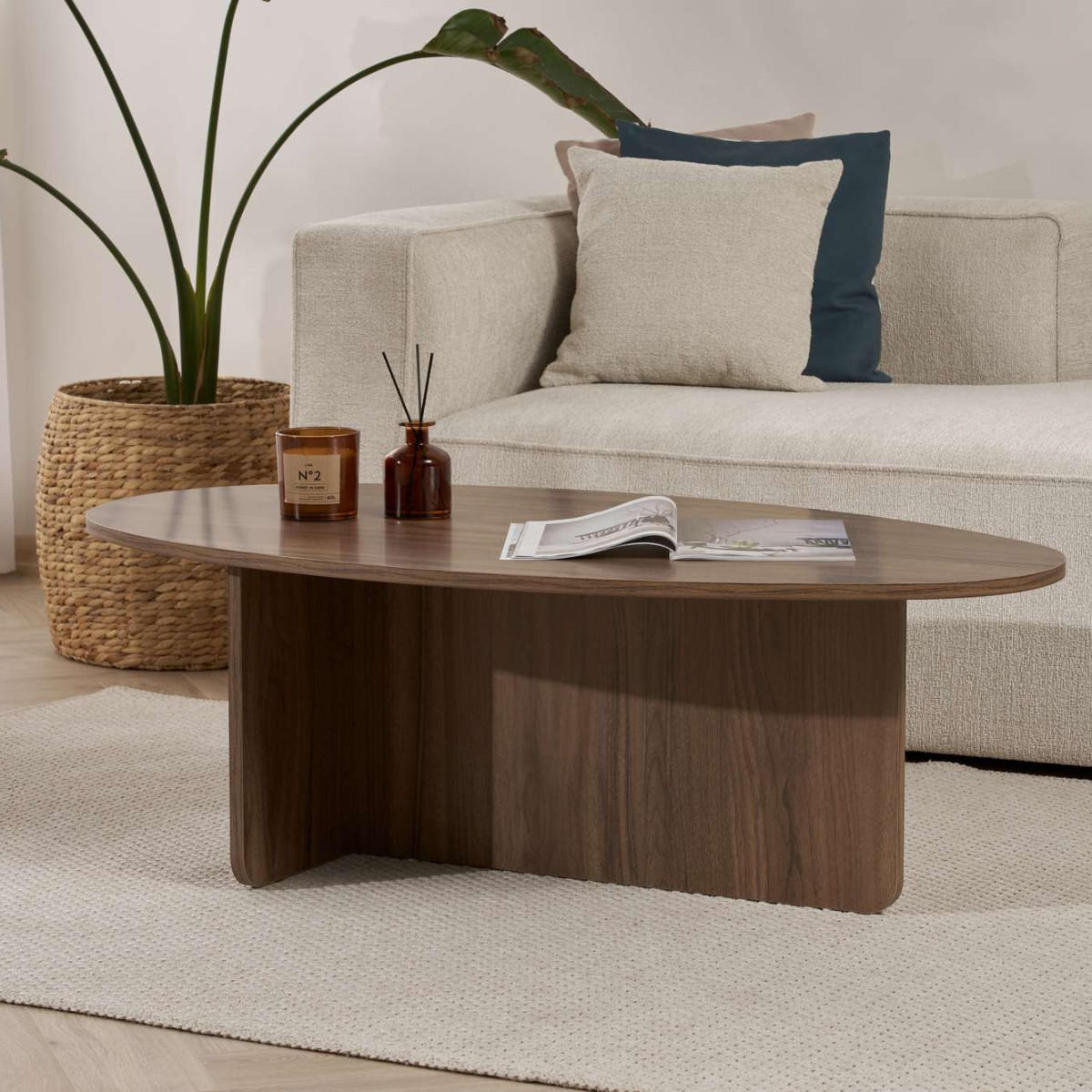COUCHTISCH mit ovaler Platte L125 cm 65/120/40 cm - Naturfarben, Holzwerkstoff (70/65/40cm) - Calicosy
