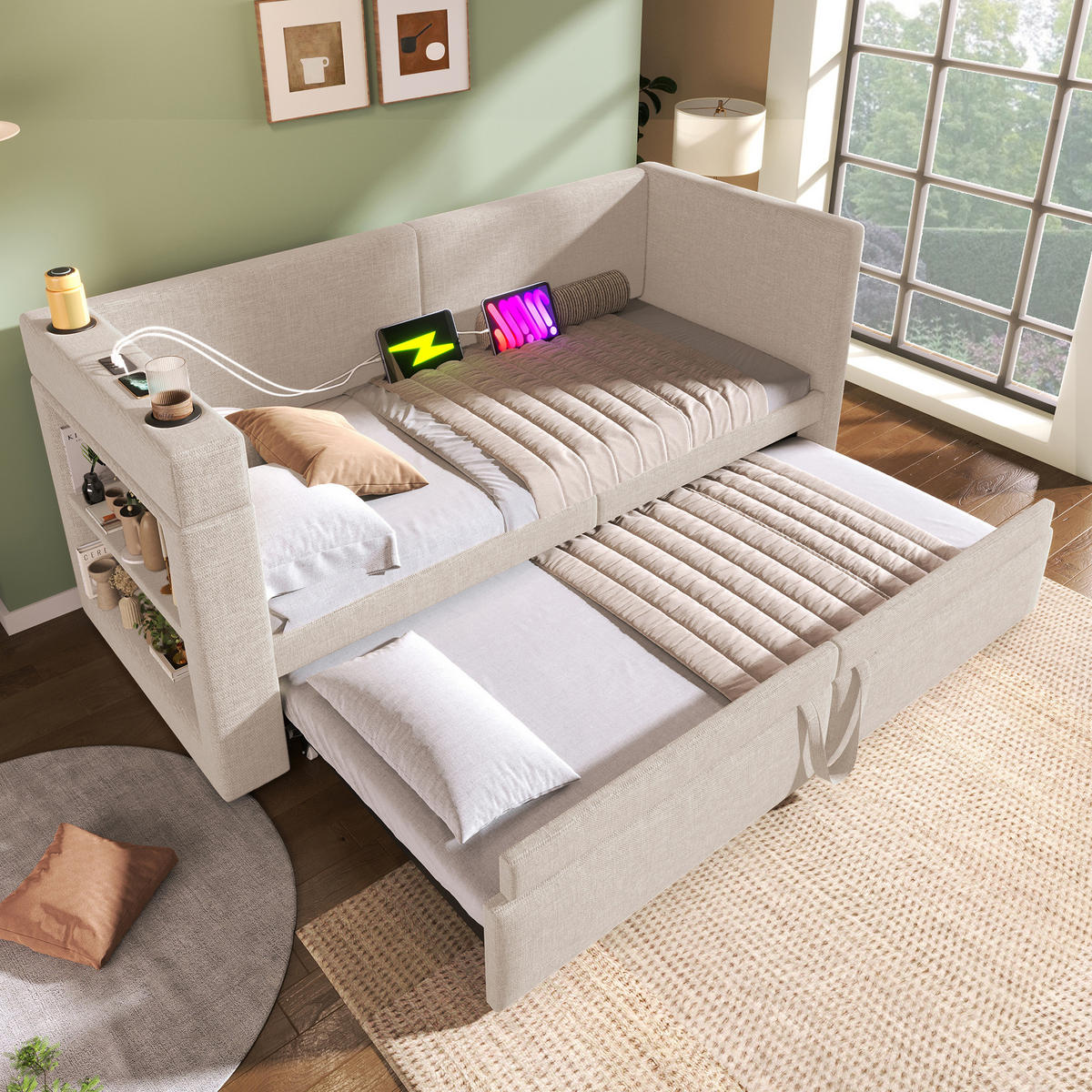 DAYBED 90/200 cm bež od pamuka i lana s izvlačnim ležajem i USB punjenjem - bež, tekstil (90/200cm) - OKWISH