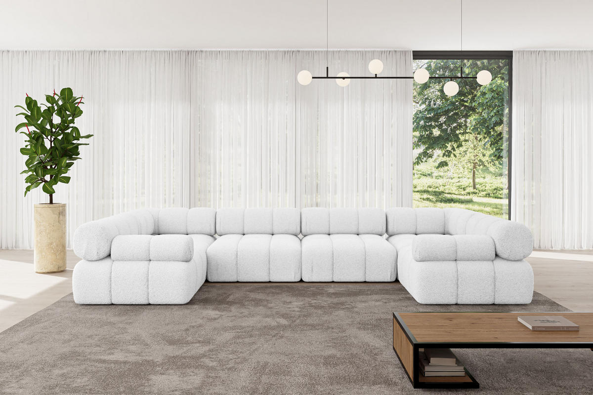 WOHNLANDSCHAFT modulares Sofa Birno-U2 - 380x190x70 cm Weiß Bouclé - Weiß, Holzwerkstoff/Textil (380/70/190cm) - ALTDECOR