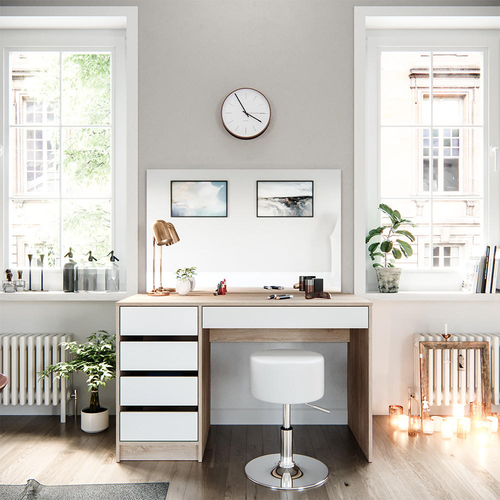 SCHMINKTISCH-SET Sherry Weiß/Sonoma 120 cm mit Hocker - Weiß/Sonoma Eiche, Holzwerkstoff (120/75/55cm) - Vicco