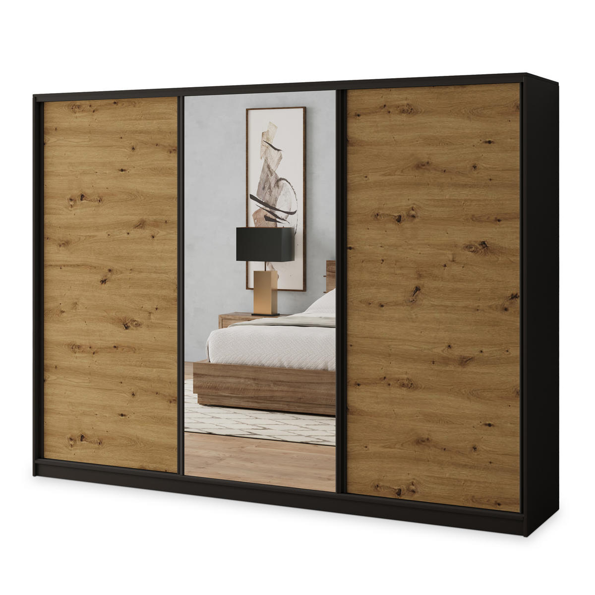 SCHWEBETÜRENSCHRANK SORE 235/205/58 cm 3-türig mit Spiegel und Schubladen Schwarz / Eiche Artisan - Schwarz/Eiche Artisan, Holzwerkstoff (235/205/58cm) - MASSENO