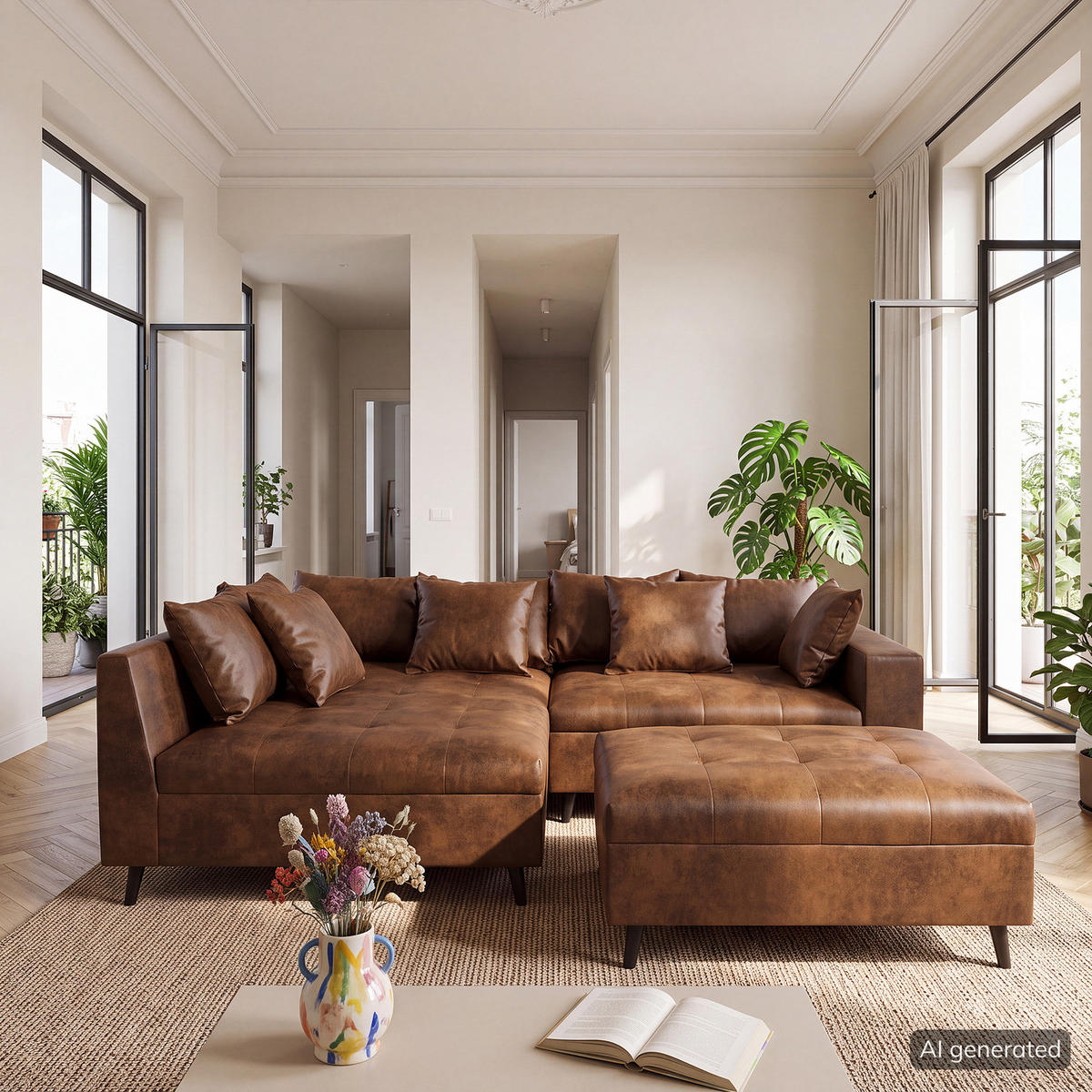 ECKSOFA mit Hocker - Schwarz/Braun, Holz/Birkenholz (247/174cm) - home24