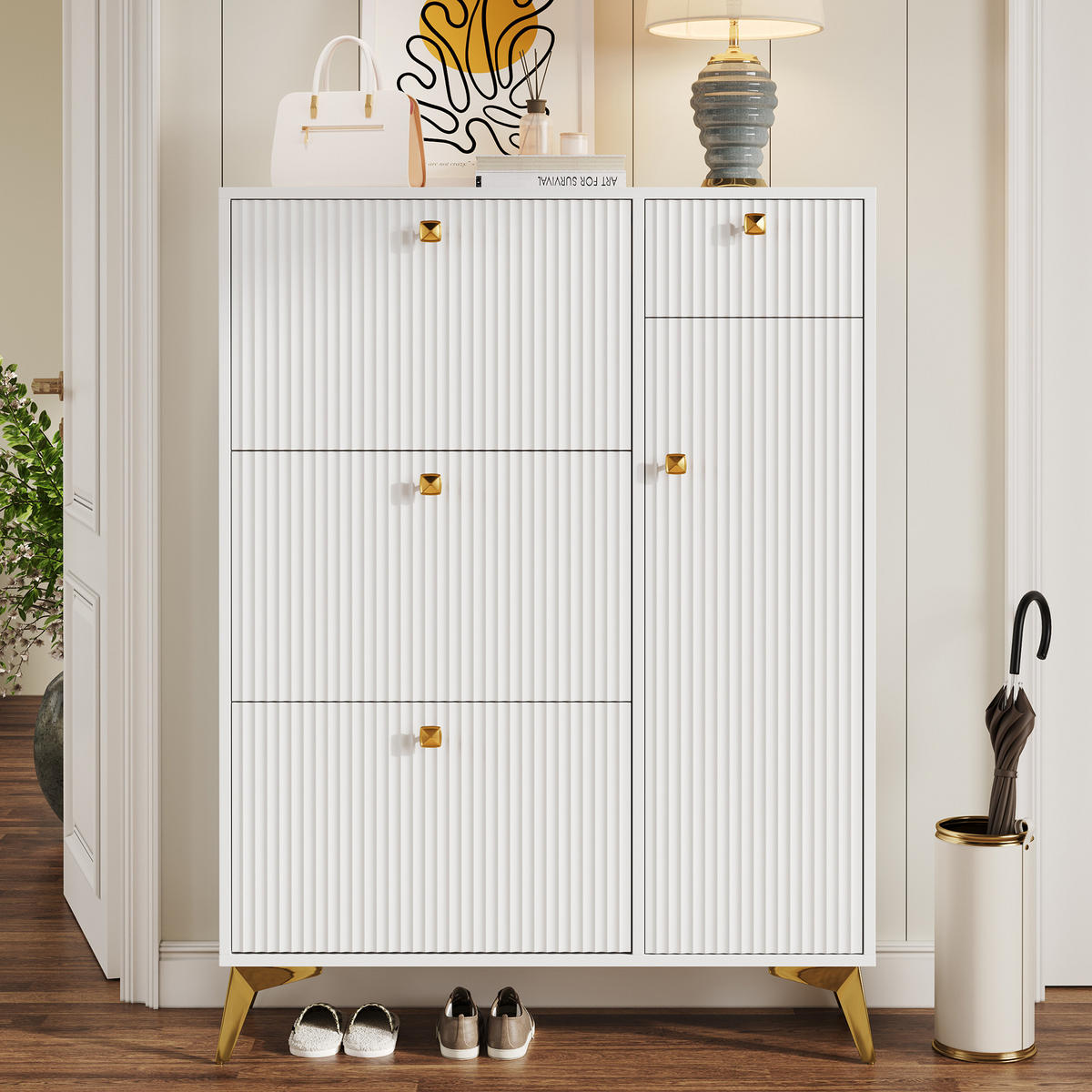 SCHUHSCHRANK 90/25/121 cm mit 3 Klappen, 1 Schublade und 1 Tür in Weiß - Weiß, Holzwerkstoff (90/121/25cm) - BEAOK
