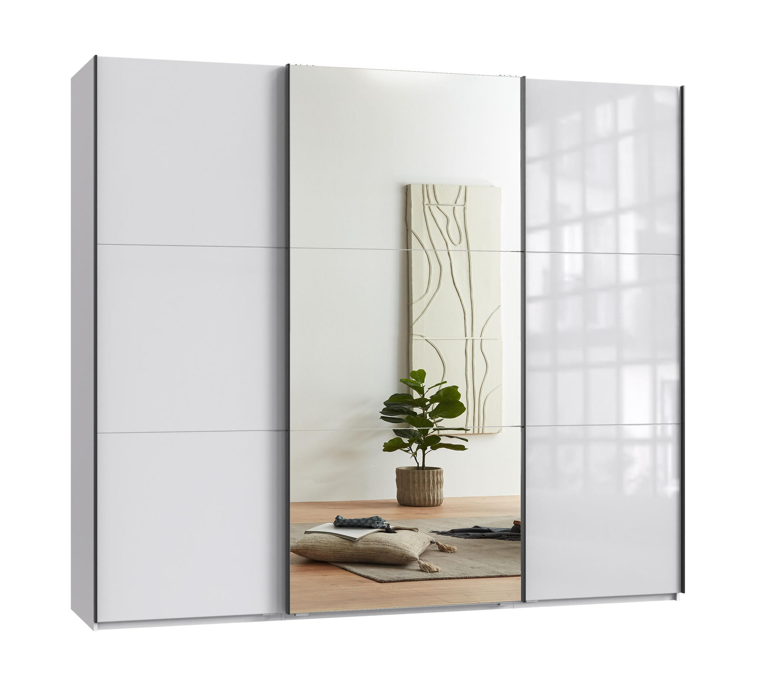 luma-home SKŘÍŇ S POSUVNÝMI DVEŘMI, 3dveřová, 250 × 216 × 65 cm (Š×V×H), bílá barva se skleněnými čely, jedny zrcadlové dveře / 22033