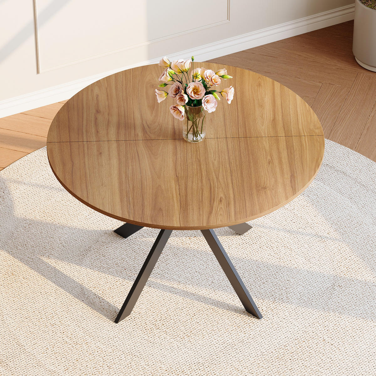 ESSTISCH runder Walnuss mit schwarzem X-förmigem Gestell 110/110/75 cm - Walnussfarben, Holz (110/110/76cm) - Oxeza