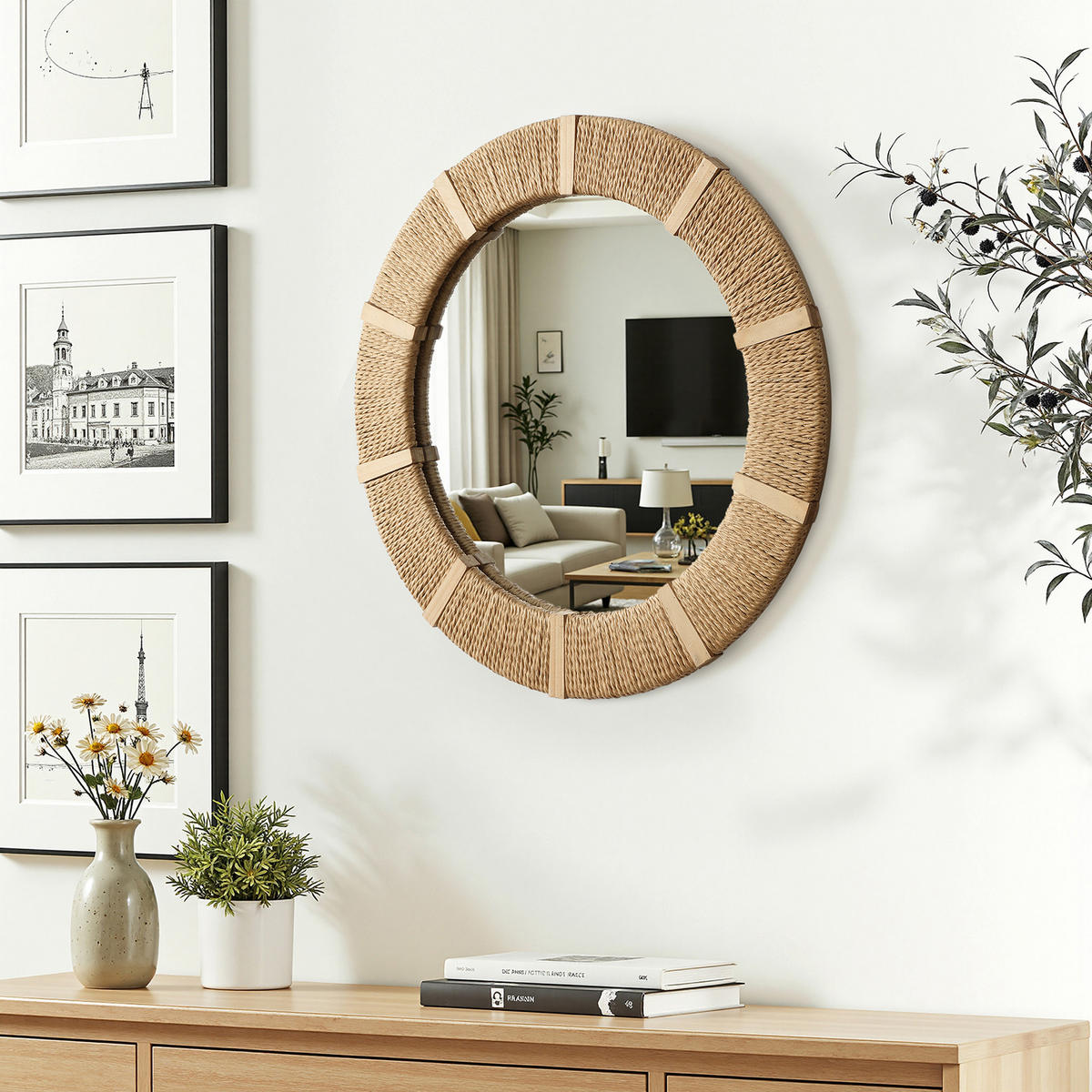 53CM Runder Wandspiegel mit Rahmen aus Tannenholz und Papierkordel Geeignet für Badezimmer, Wohnzimmer, Schlafzimmer usw. - Hellbraun/Beige, Glas/Holz (53/3/53cm) - Hometopia