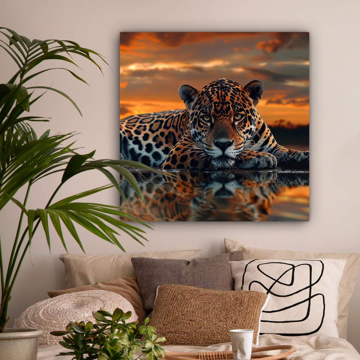 LEINWANDBILD Natur - Leopard - Tier - Sonnenuntergang - Modern Deko Groß 90x90 cm - Orange, Textil (90/90cm) - MuchoWow