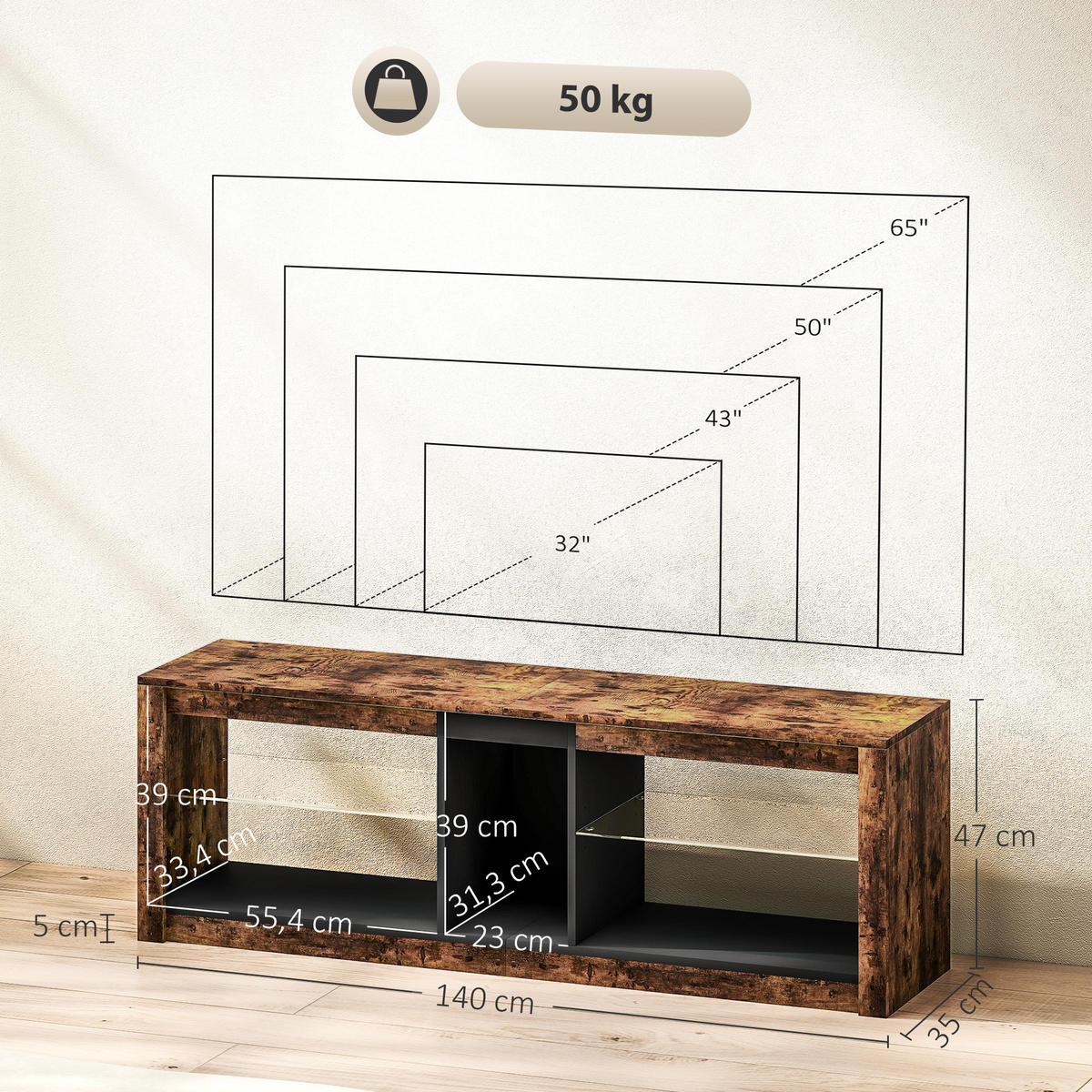 TV-LOWBOARD Braun 140/35/47 cm, LED-Beleuchtung, Glasböden - Braun, Holzwerkstoff (140/47/35cm) - PANGIVO