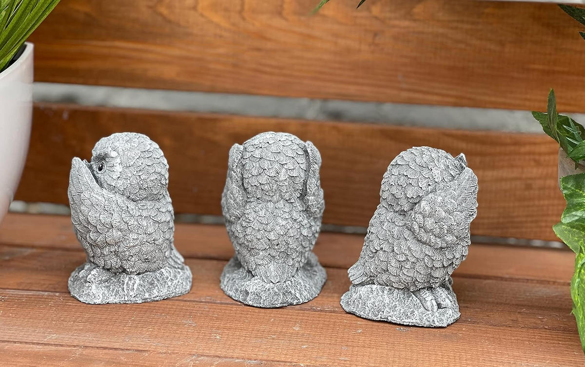 STEINFIGUR 3er Set Eule Nichts sehen Sagen hören frostfest Steinguss - Grau, Stein (7/8/5cm) - stoneandstyle