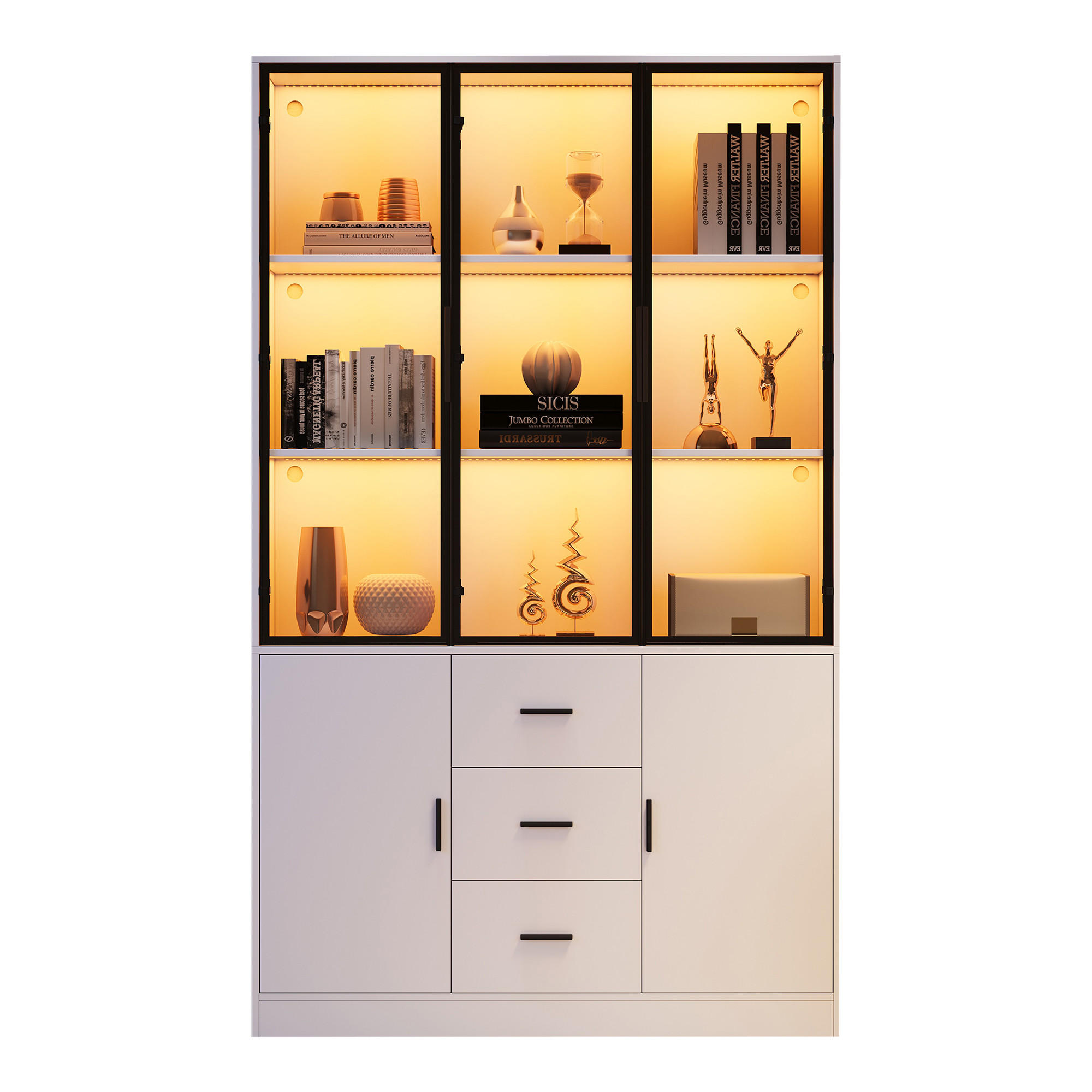 VITRINE 120x30x200 cm Weiß mit LED und 3 Schubladen - Weiß, Holzwerkstoff (120/200/30cm) - FLIEKS