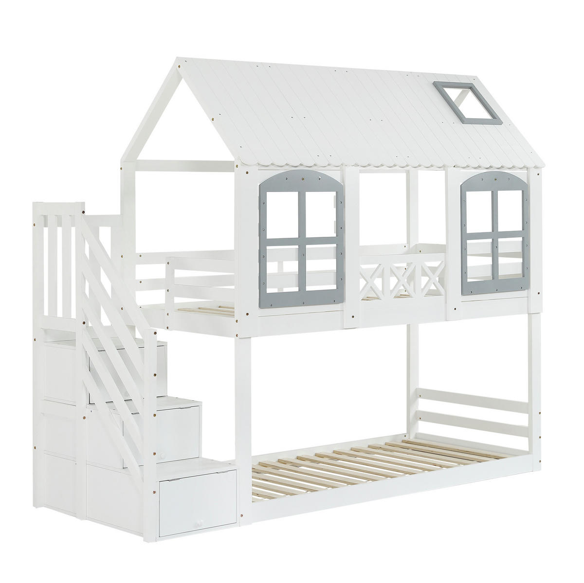 POSCHODOVÁ posteľ 90/200 cm bielo-sivá s domčekom, schodmi a úložným priestorom z borovice a MDF - biela, kompozitné drevo (90/200cm) - OKWISH