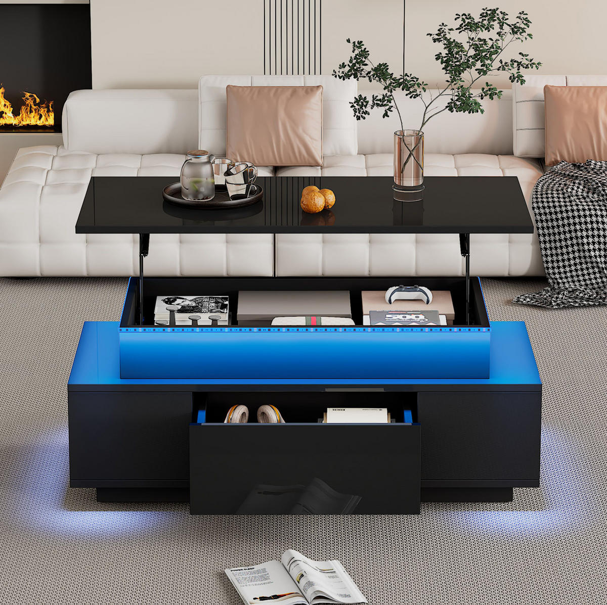 COUCHTISCH aus Spanplatte 96x45x40 cm Schwarz mit LED-Beleuchtung, Hubtischplatte und Stauraum - Schwarz, Holzwerkstoff (96/45/40cm) - IVMEU
