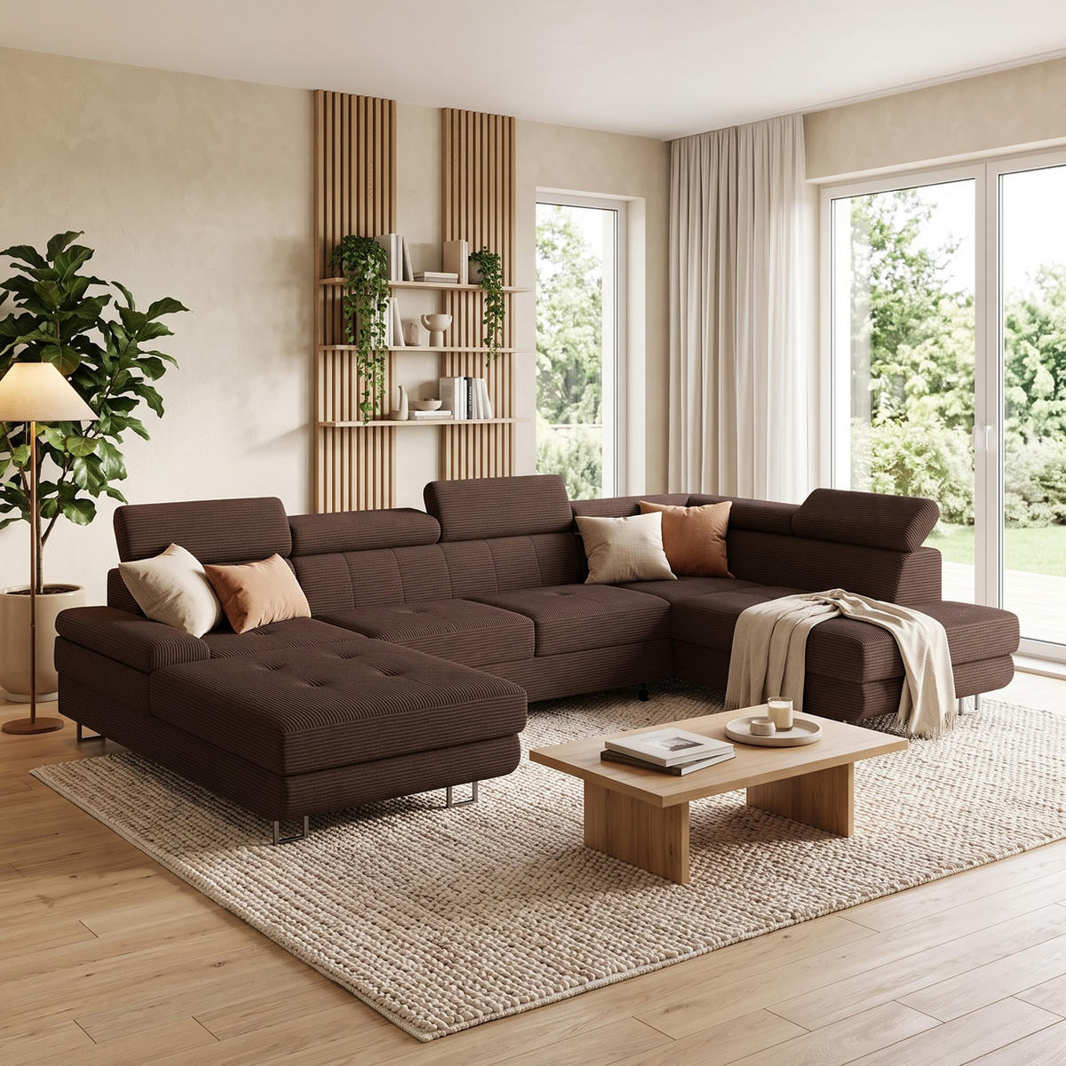 WOHNLANDSCHAFT MARRY Rechts Beige Cord-Stoff mit Schlaffunktion und zwei Bettkästen - Beige, Holz/Metall (190/90/335cm) - Barchello