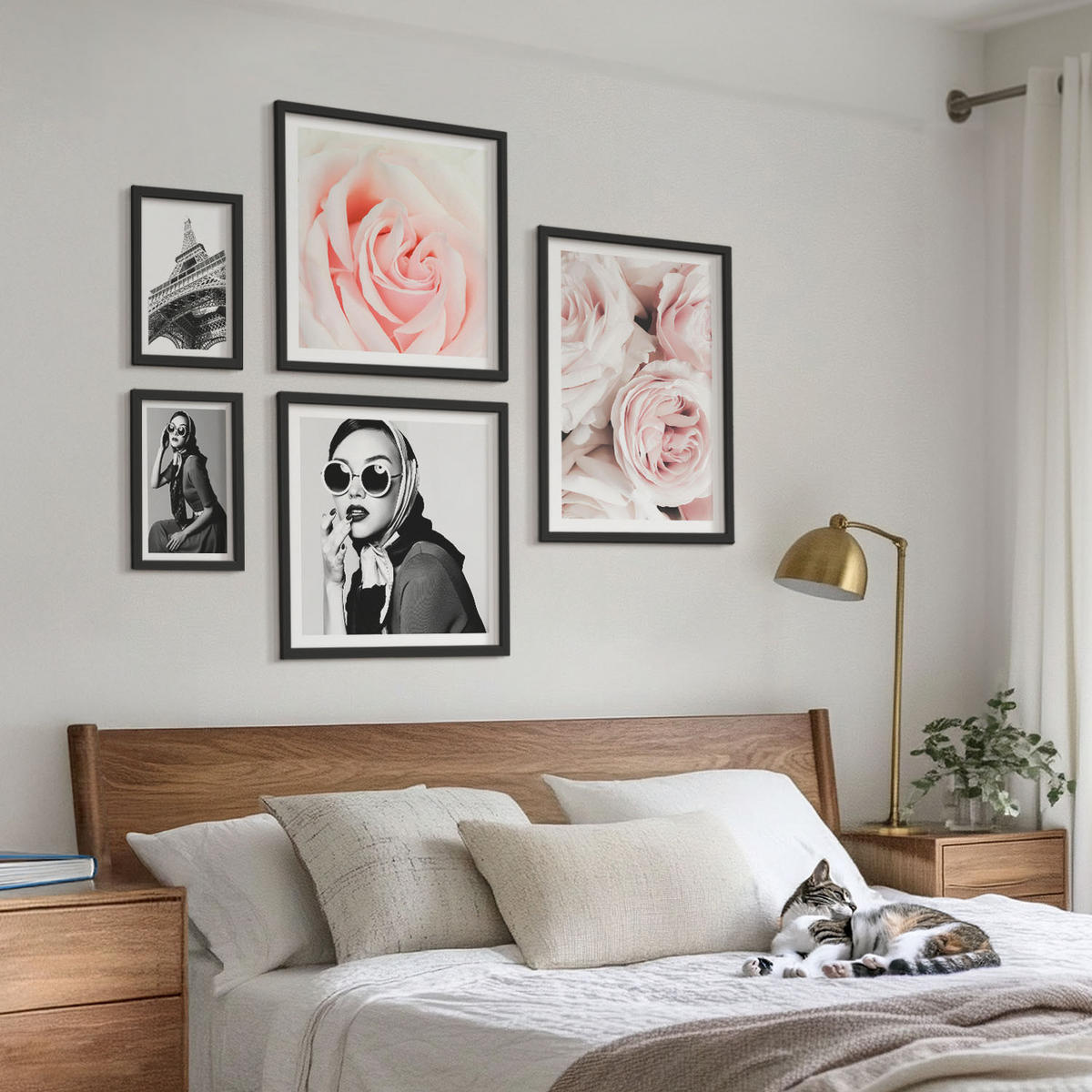 BILDER SET 5er Set - 50x50 cm & 20x30 cm & 40x60 cm Schwarzer Rahmen - Blumen, Pfingstrosen, Rosen, Eleganz - Schwarz, Kunststoff (40/60cm) - TULUP