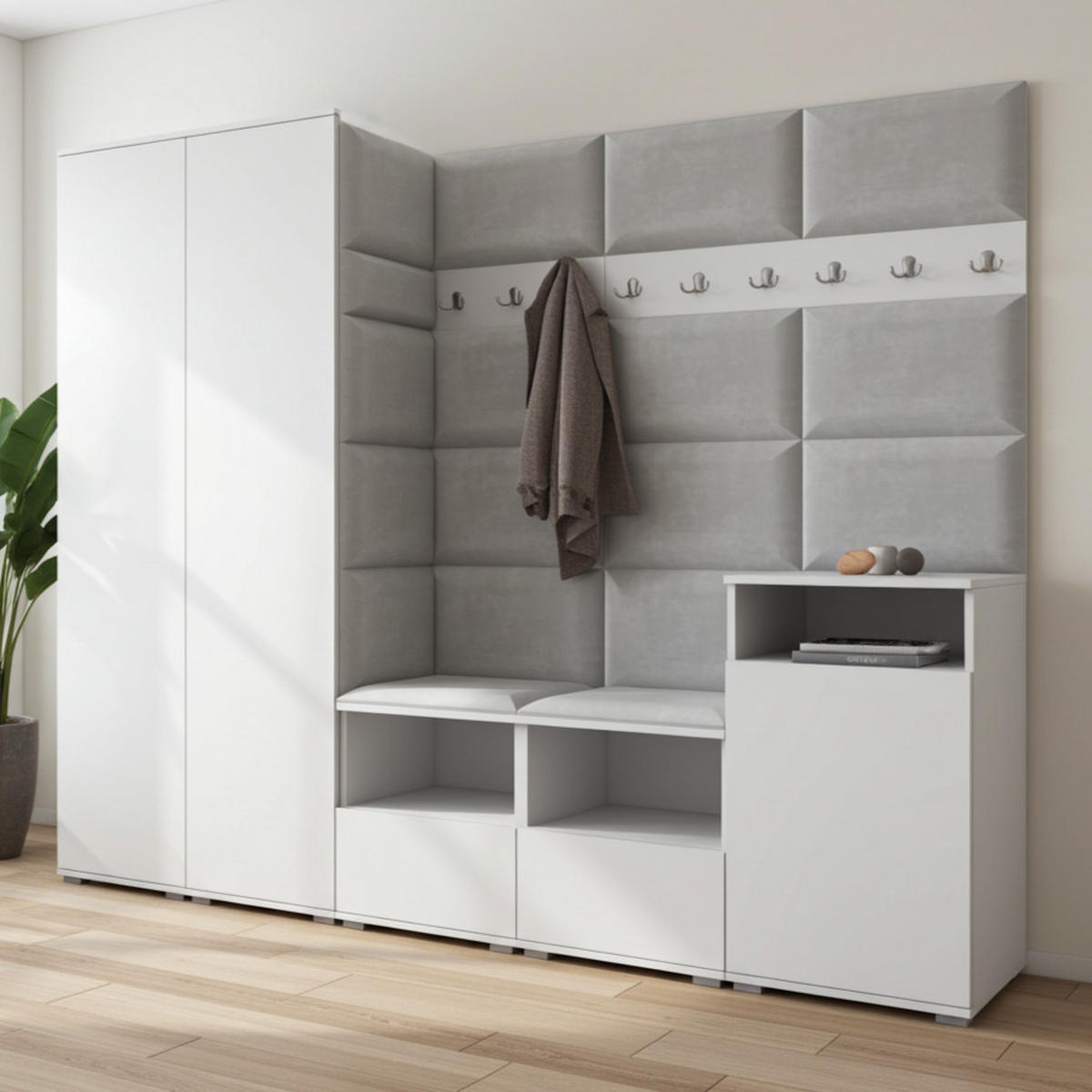 GARDEROBE NELA VIII 250 cm (Modulare Flurmöbel Weiß mit Sitzpolster Hellgrau 32 2 Schränke + Sideboard) - Silberfarben/Hellgrau, Holz/Holzwerkstoff (250/187/40cm) - Ravio