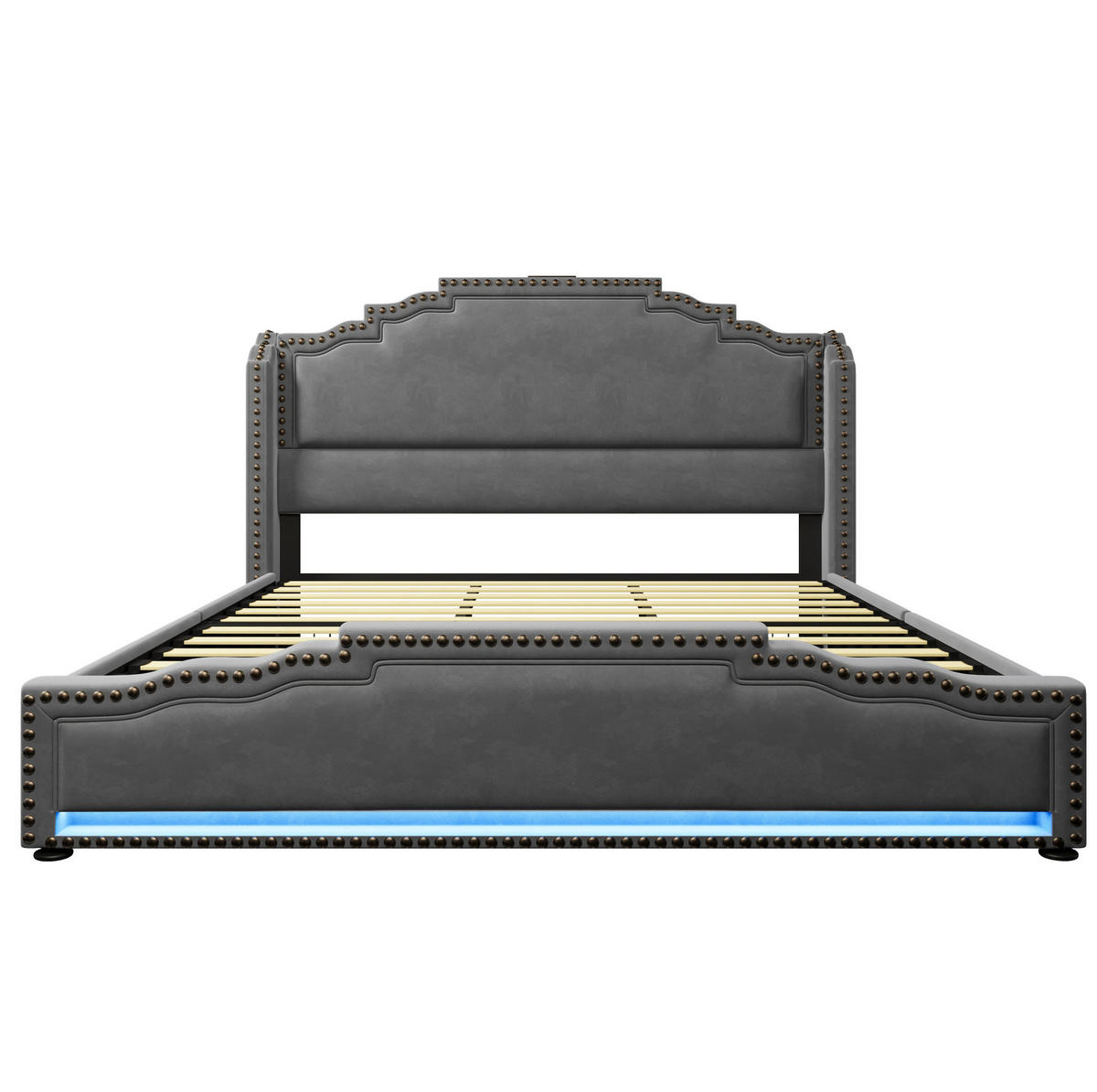 ČALOUNĚNÁ postel 180/200 cm šedá z veluru s LED osvětlením, USB-C a úložnými zásuvkami - šedá, textil (180/200cm) - OKWISH