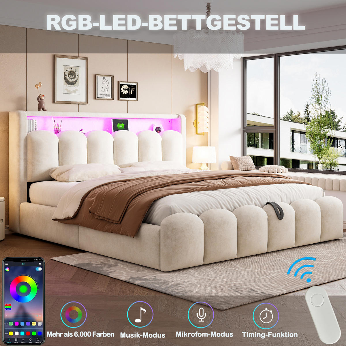 POLSTERBETT 180/200 cm aus Samt mit LED, USB-, Typ-C-Anschluss und hydraulischem Bettkasten, Beige - Beige, Textil (180/200cm) - Redom