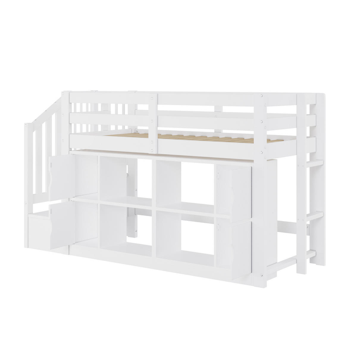 HOCHBETT aus Kiefernholz und MDF 90x200 cm Weiß mit Stauraumtreppe, Schränken und LED-Beleuchtung - Weiß, Holzwerkstoff (90/200cm) - Modfu