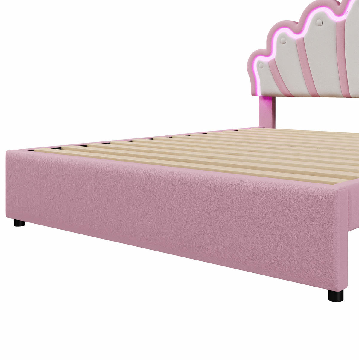 KINDERBETT 140/200 cm aus PU mit verstellbarem Kopfteil, LED-Ambientelicht und 2 Schubladen, Rosa - Rosa, Kunststoff (140/200cm) - Redom
