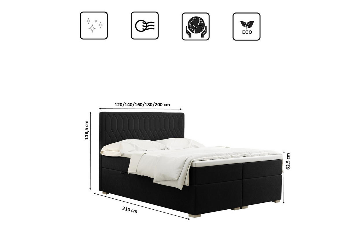 BOXBETT RIMINI Stoff Riviera Schwarz 140x200 cm H3-Bonell - Schwarz, Holz/Kunststoff (140/200cm) - Kaiser Möbel