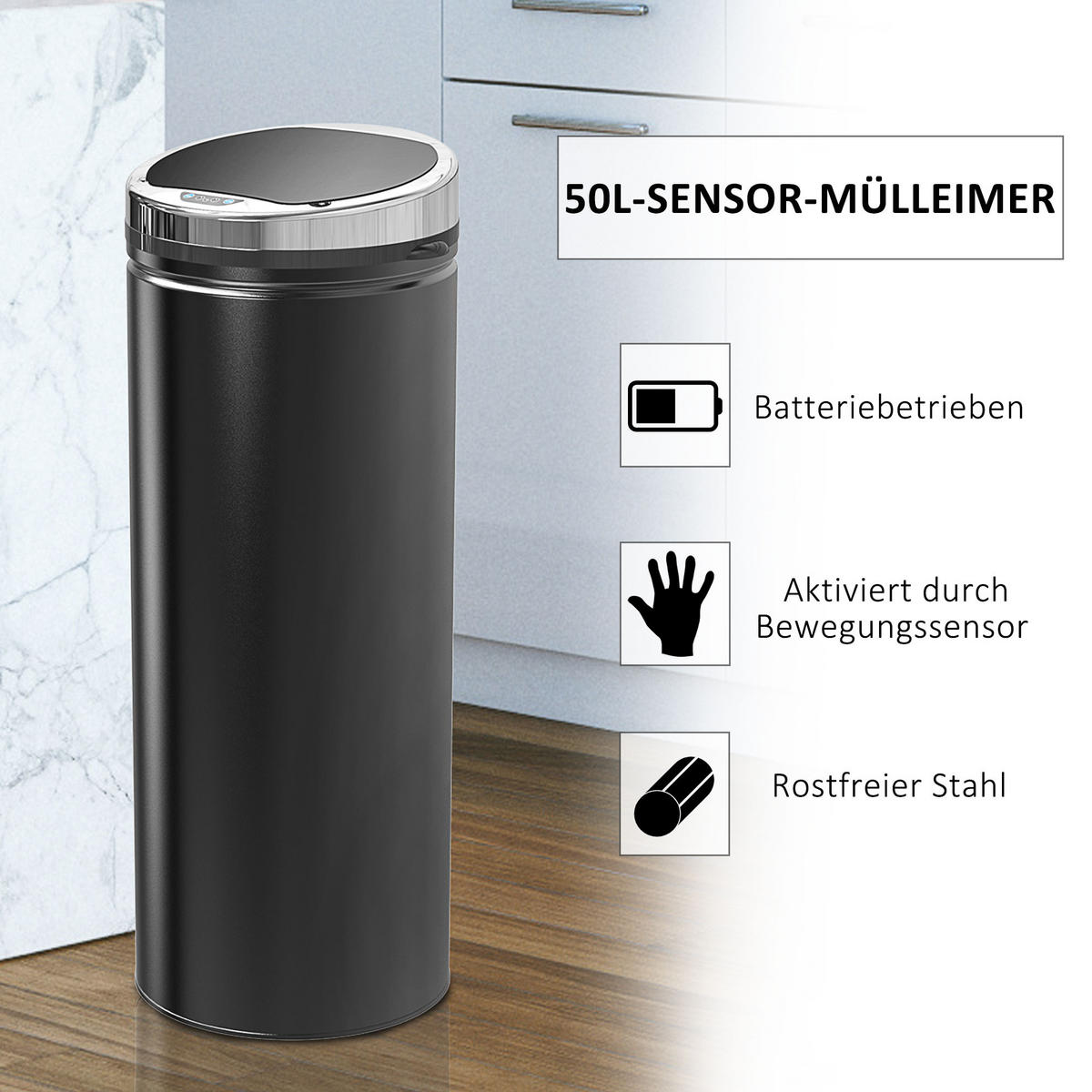SENSOR Mülleimer 50L Automatischer Abfalleimer für Wohnzimmer, Büro, Schwarz - Schwarz, Metall (30.5/81.5/30.5cm) - HOMCOM