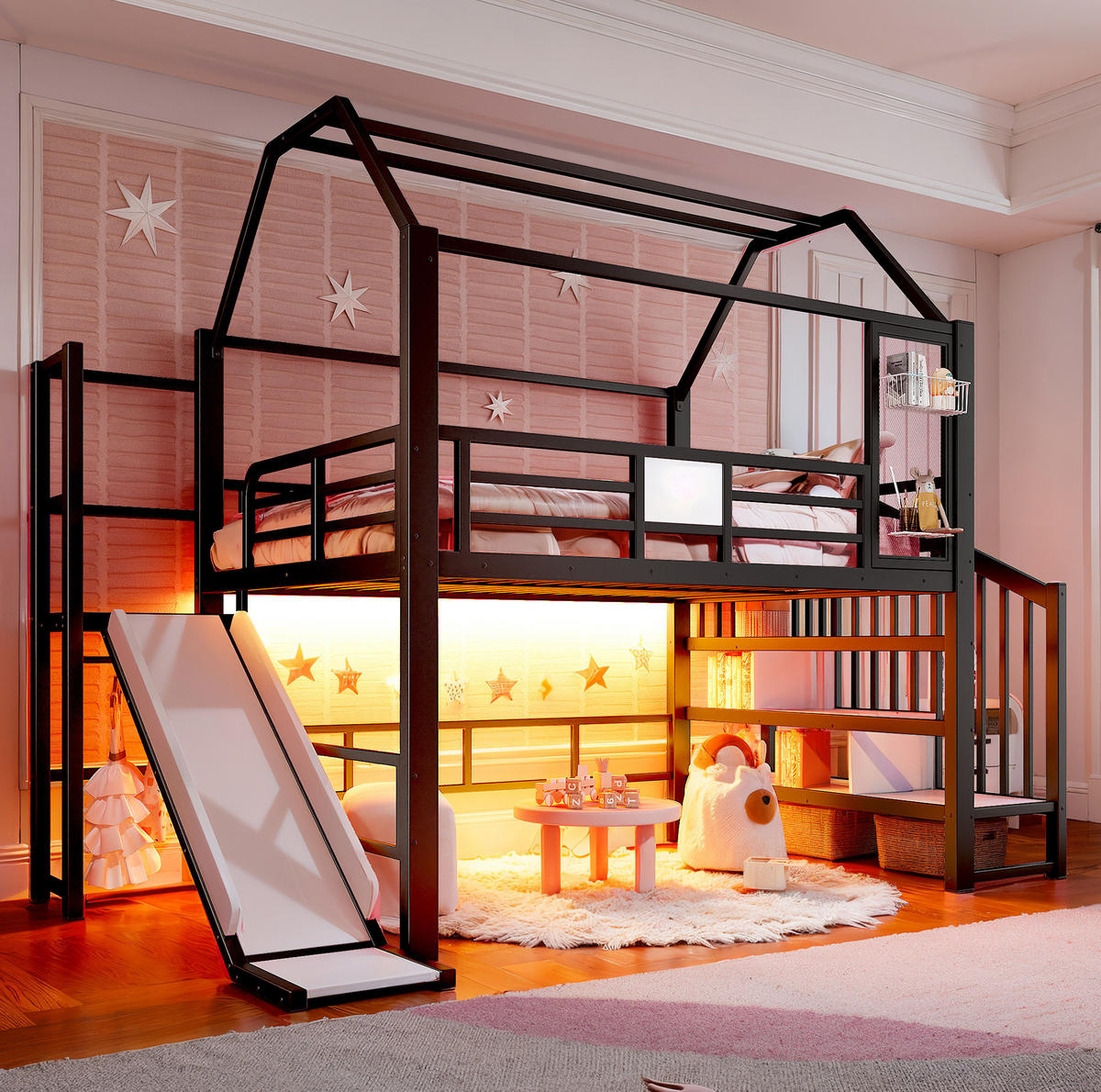 KINDERHOCHBETT MDF & Metall 140x200 cm Schwarz mit Rutsche, Treppe, Stauraumfächern und LED-Beleuchtung - Schwarz, Holzwerkstoff (140/200cm) - Modfu