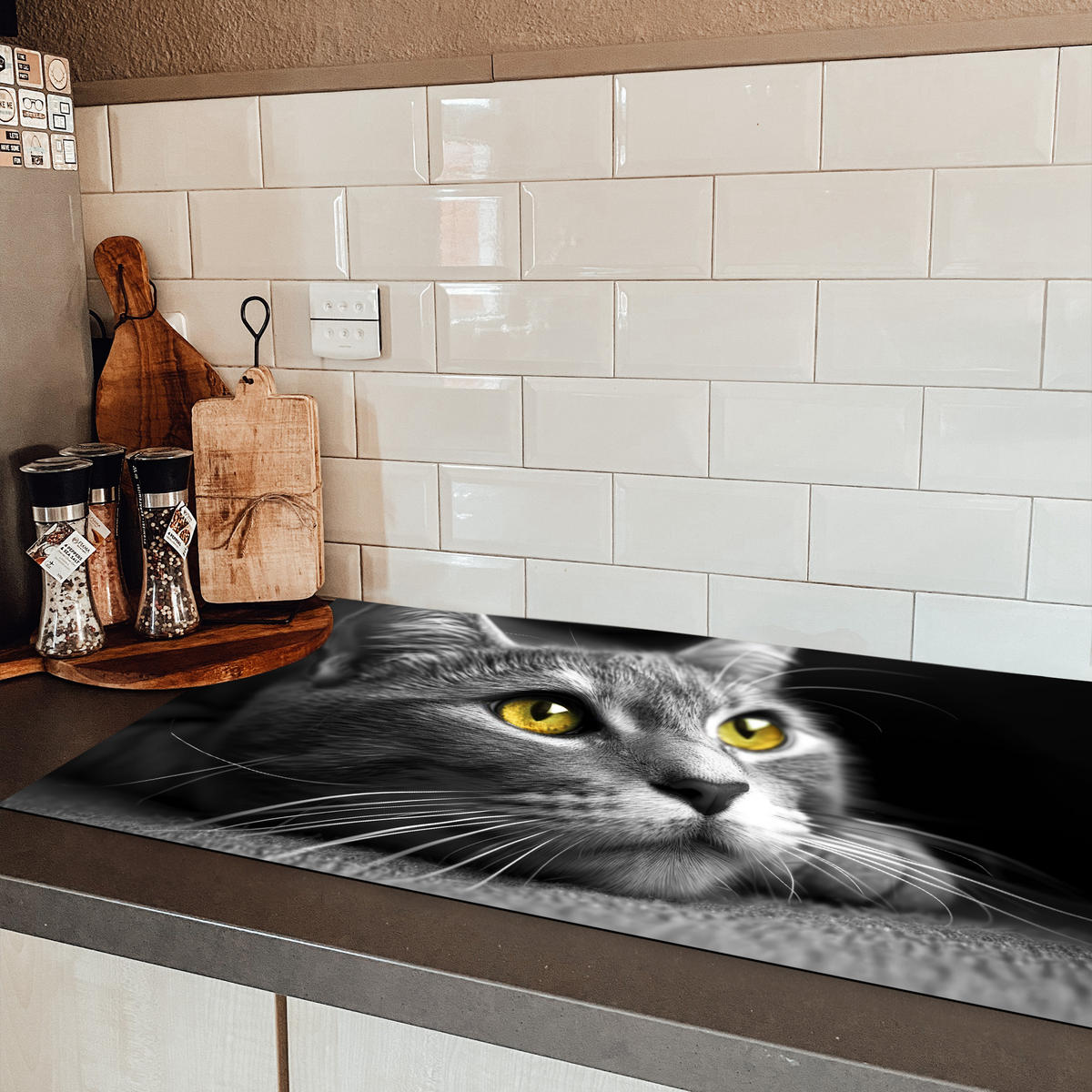 HERDABDECKPLATTE Katze - Grau - Tiere - Katze 90x52 cm - Grau, Kunststoff (90/52/0.2cm) - MuchoWow