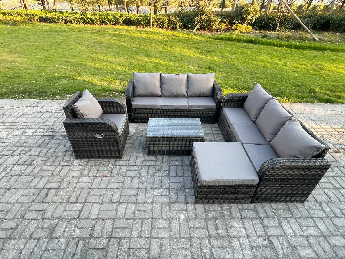 GARTENMÖBEL-SET mit Kissen Polyrattan Dunkelgrau 8-Sitzer - Dunkelgrau/Grau, Glas/Kunststoff - Fimous