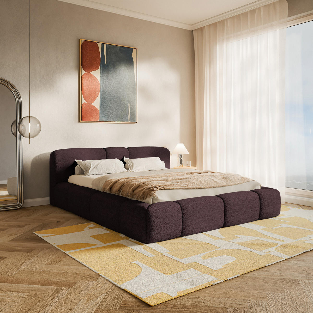ČALOUNĚNÁ postel Bowia, vínový plyš, 180x200 cm - bordeaux/černá, textil (180/200cm) - Selsey
