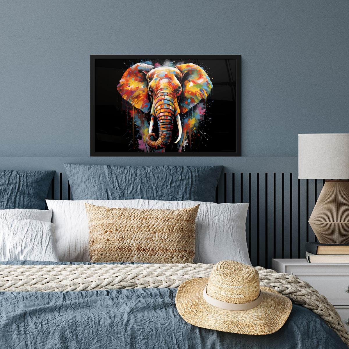 POSTER MIT RAHMENGERAHMTES BILD Elefant - Graffiti - Schwarz - Tiere - Farben 60x40 cm - Schwarz, Papier (60/40cm) - MuchoWow