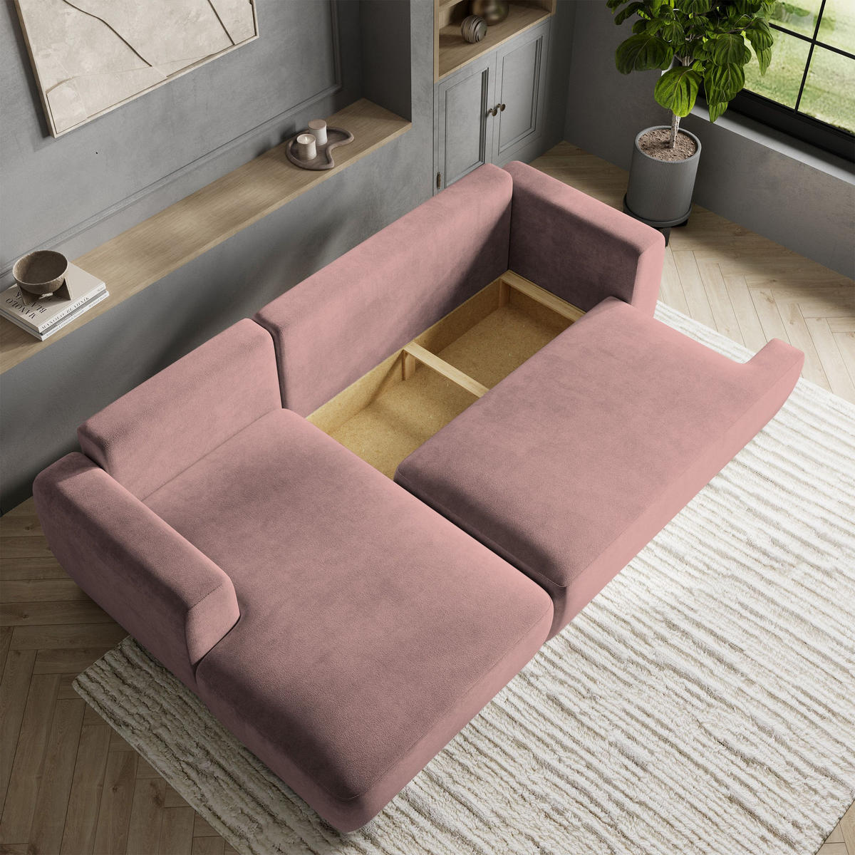 ECKSOFA SENTI K L-S Rosa Plüsch-Stoff mit Schlaffunktion - Rosa, Holz (246/148cm) - MASSENO