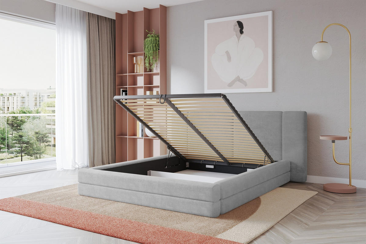 POLSTERBETT mit Bettkasten und Lattenrost, Bett mit Matratze H3/H4 - TEVO 160x200 Grau - Hellgrau, Holzwerkstoff/Textil (160/200cm) - ALTDECOR