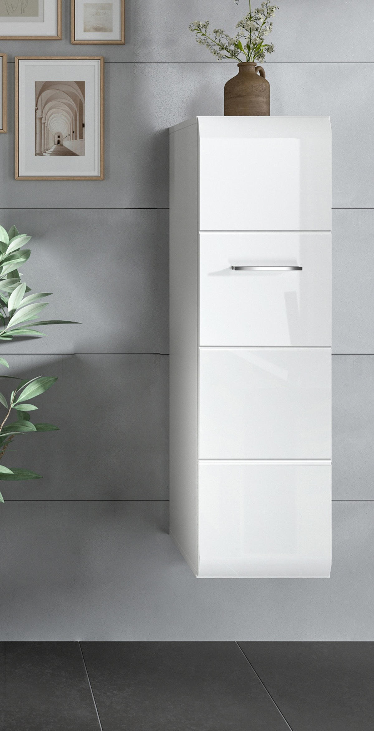 BADOMMODE weiß Hochglanz 30 x 106 cm, Badezimmer Schrank hängend oder stehend - Weiß Hochglanz/Silberfarben, Holzwerkstoff/Kunststoff (30/106/30cm) - Inn.Furn