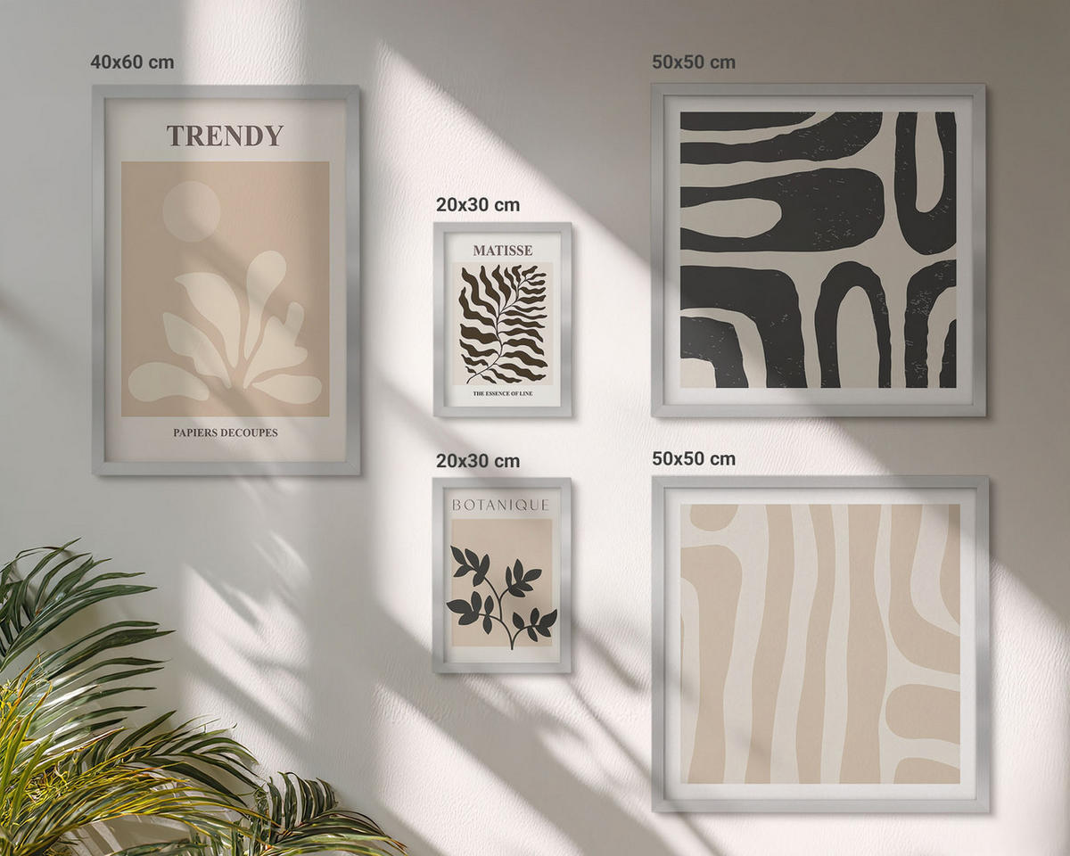 WANDBILDER 5er Set - 50x50 cm & 20x30 cm & 40x60 cm Silberner Rahmen - Stilvolle Pflanzenmuster in Beige und Schwarz - Silberfarben, Kunststoff (40/60cm) - ArtPrintCave