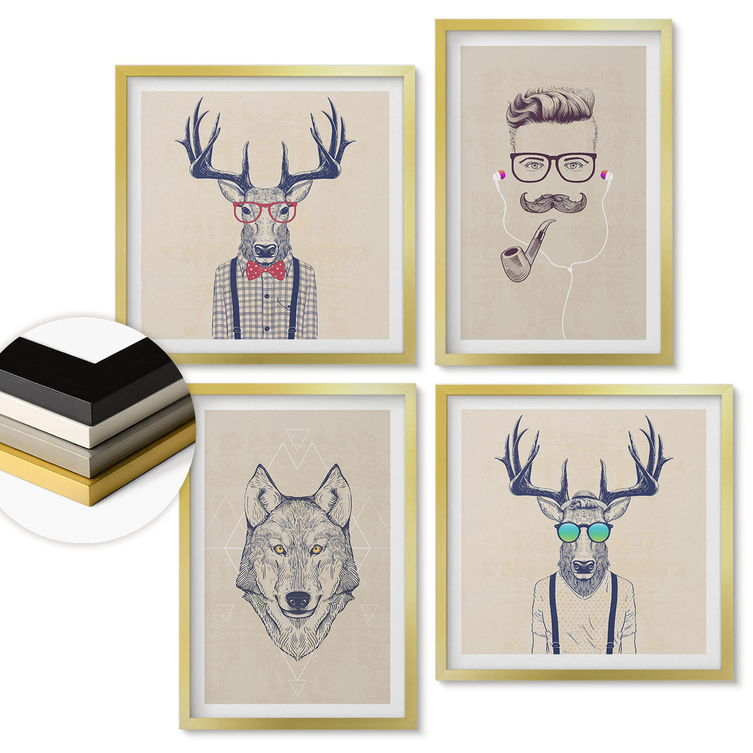 WANDBILDER 4er Set - 50x50 cm & 40x60 cm Goldrahmen - Stilvolle Tierporträts - Goldfarben, Kunststoff (50/50cm) - ArtPrintCave
