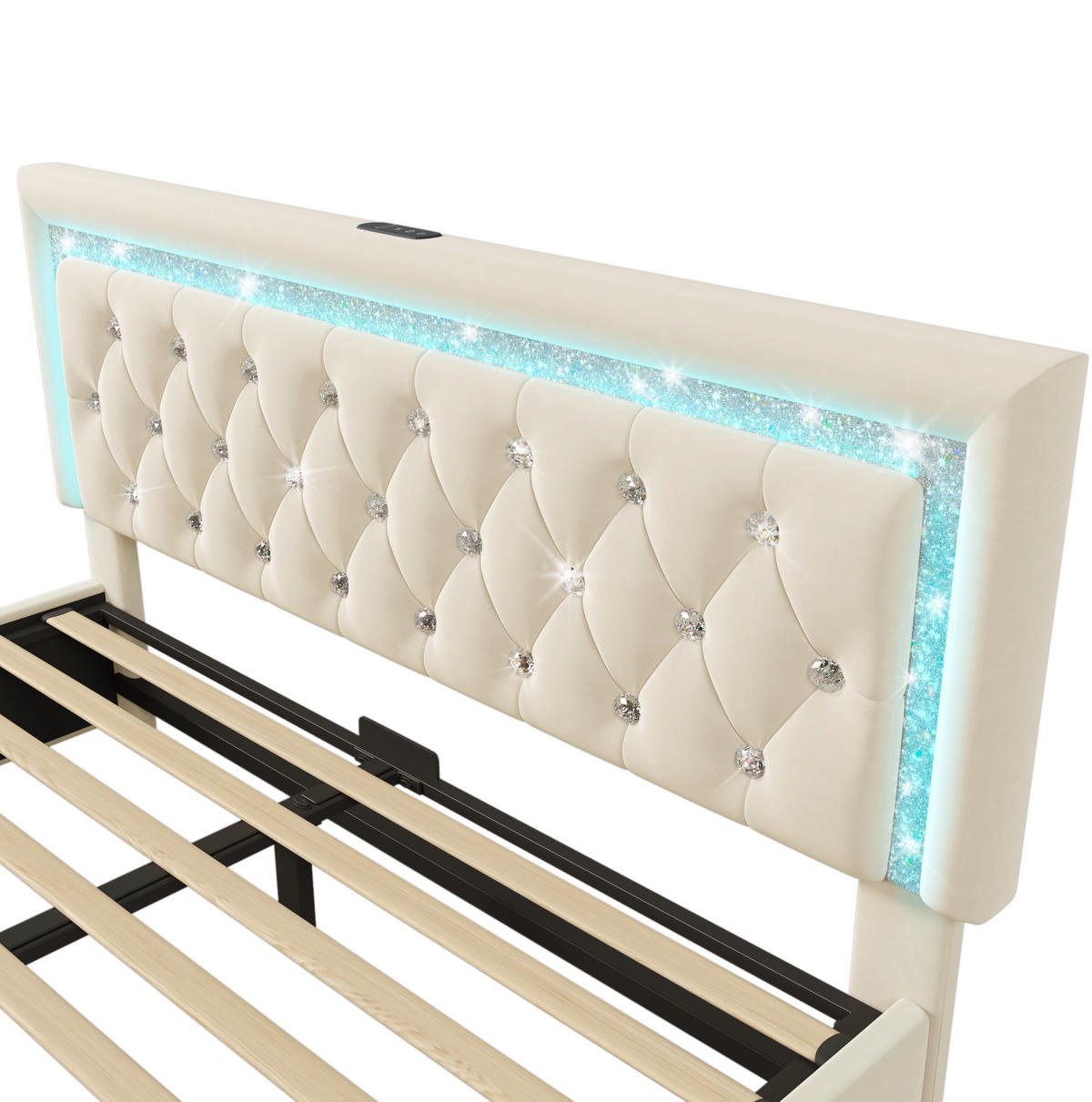 ČALÚNENÁ posteľ z velúru 140x200 cm béžová s LED osvetlením, USB a Type-C nabíjaním, úložným priestorom - béžová, textil (140/200cm) - Modfu