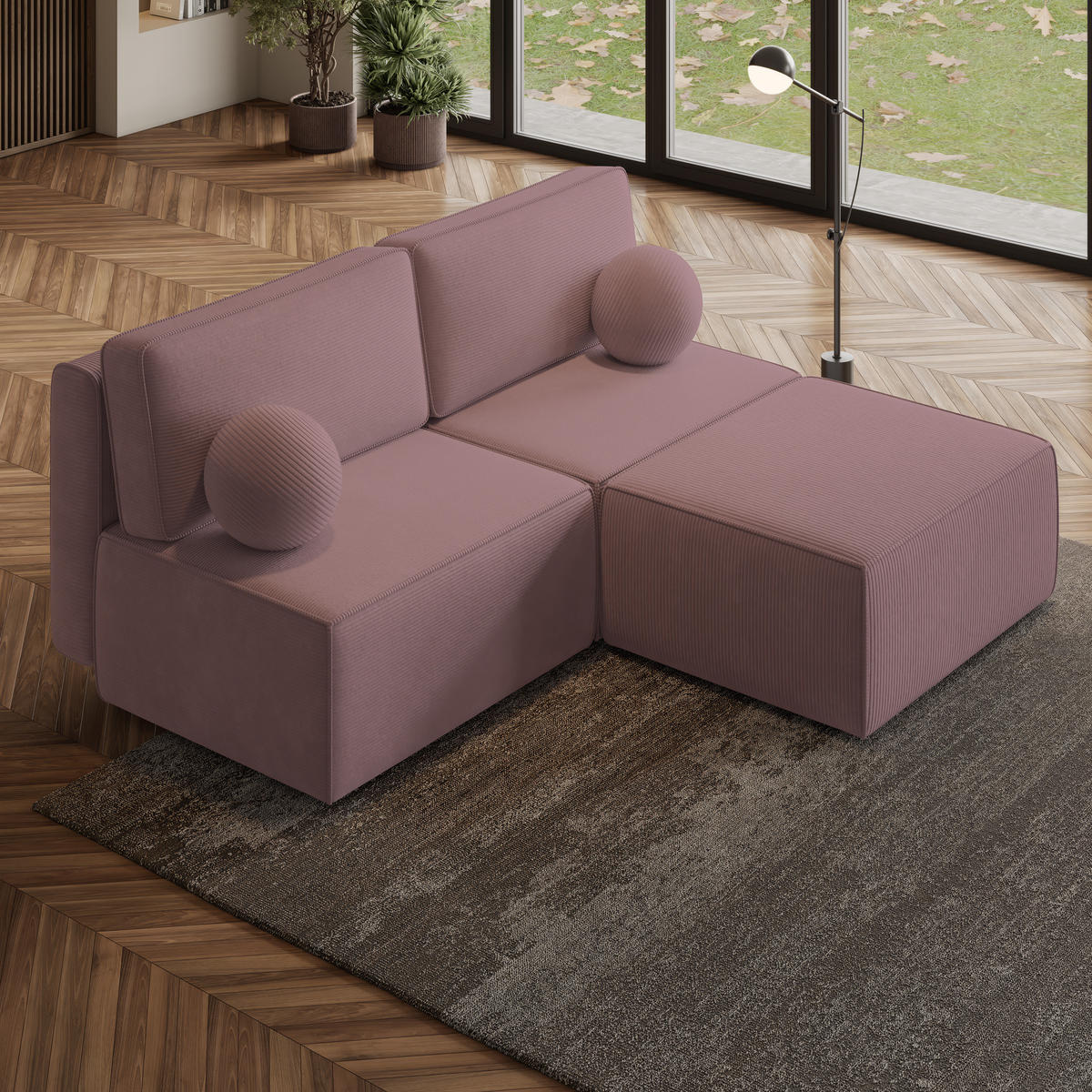 ECKSOFA VARNA P Lila Kordstoff mit Schlaffunktion - Lila, Holz (196/158cm) - MASSENO