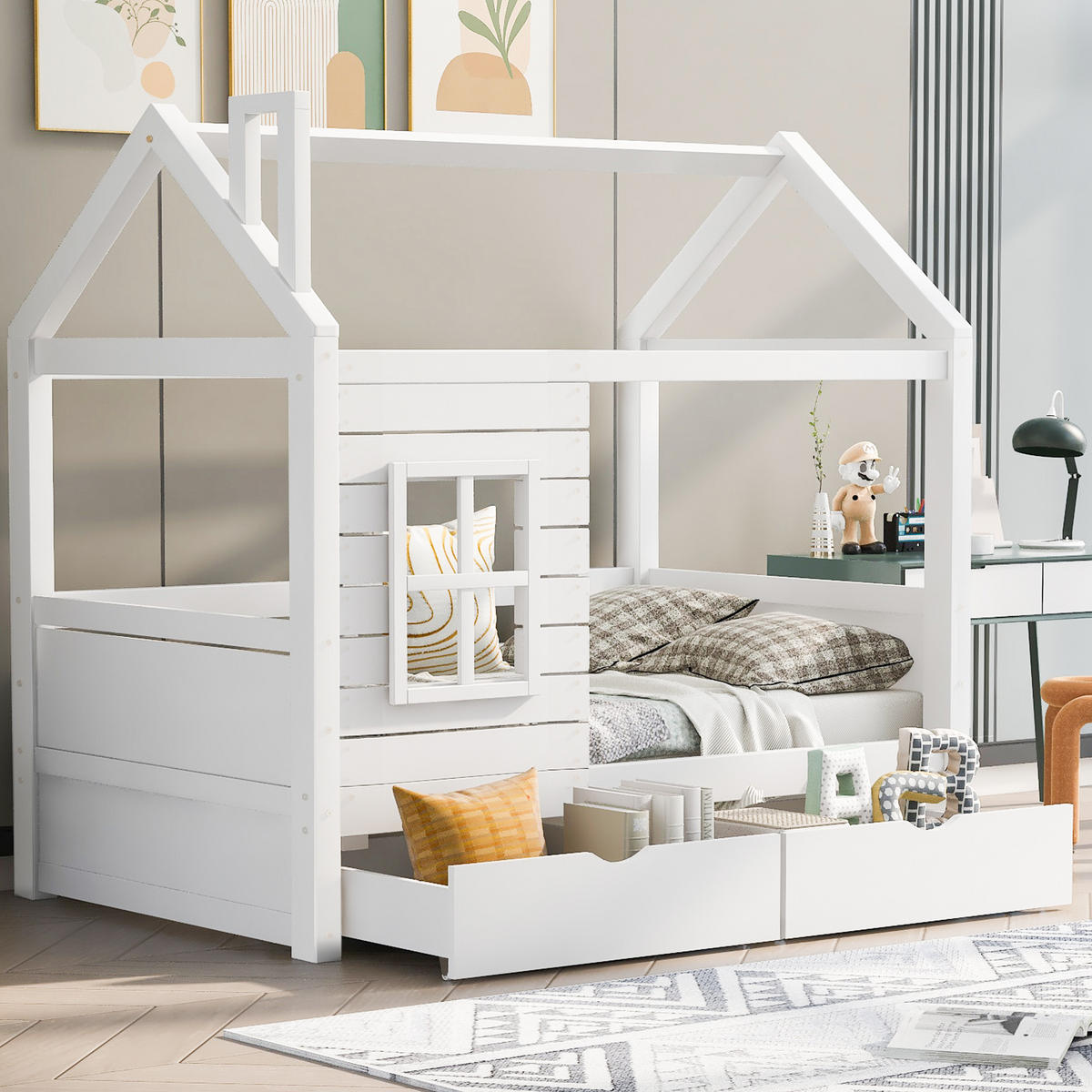 HAUSBETT 80x160cm Weiß Mit Rausfallschutz Fenster & Lattenrost - Weiß, Holzwerkstoff (80/160cm) - FLIEKS