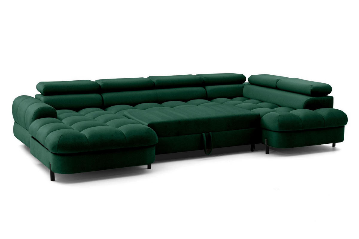 ECKSOFA U-Form BOWL U Rechts mit Schlaffunktion 125x265 Velours Grün - Schwarz/Grün, Holz/Textil (195/90/339cm) - Muffo
