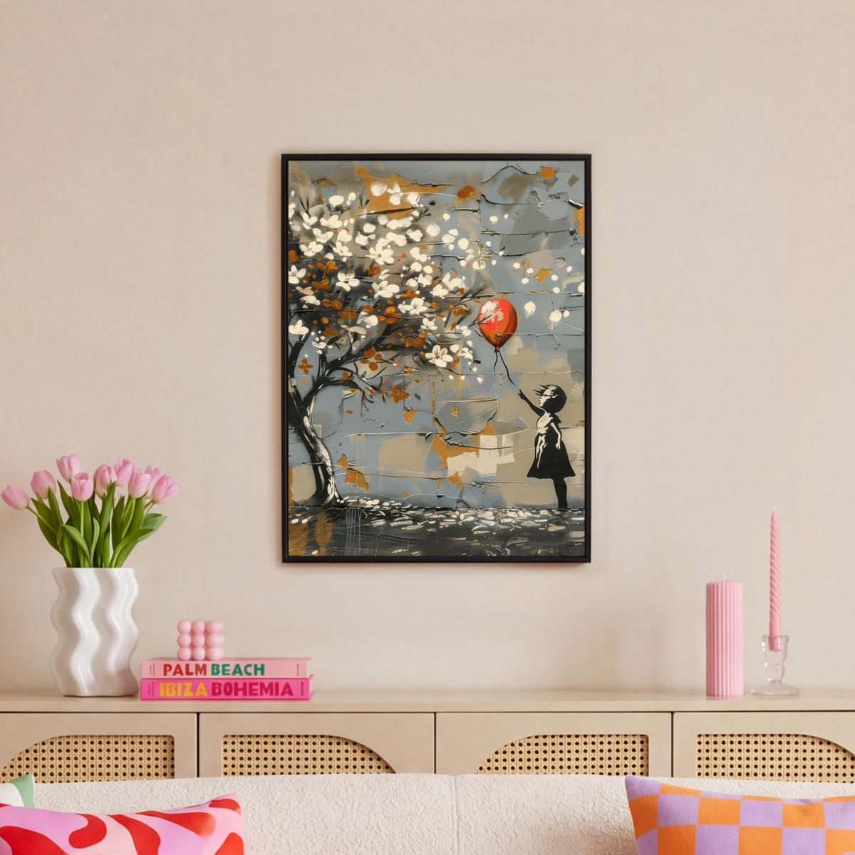 LEINWAND Bilder mit Rahmen - Baum - Graffiti - Banksy-Stil - Ballon-Mädchen - 50x70 - Blaugrau, Textil (50/70cm) - MuchoWow