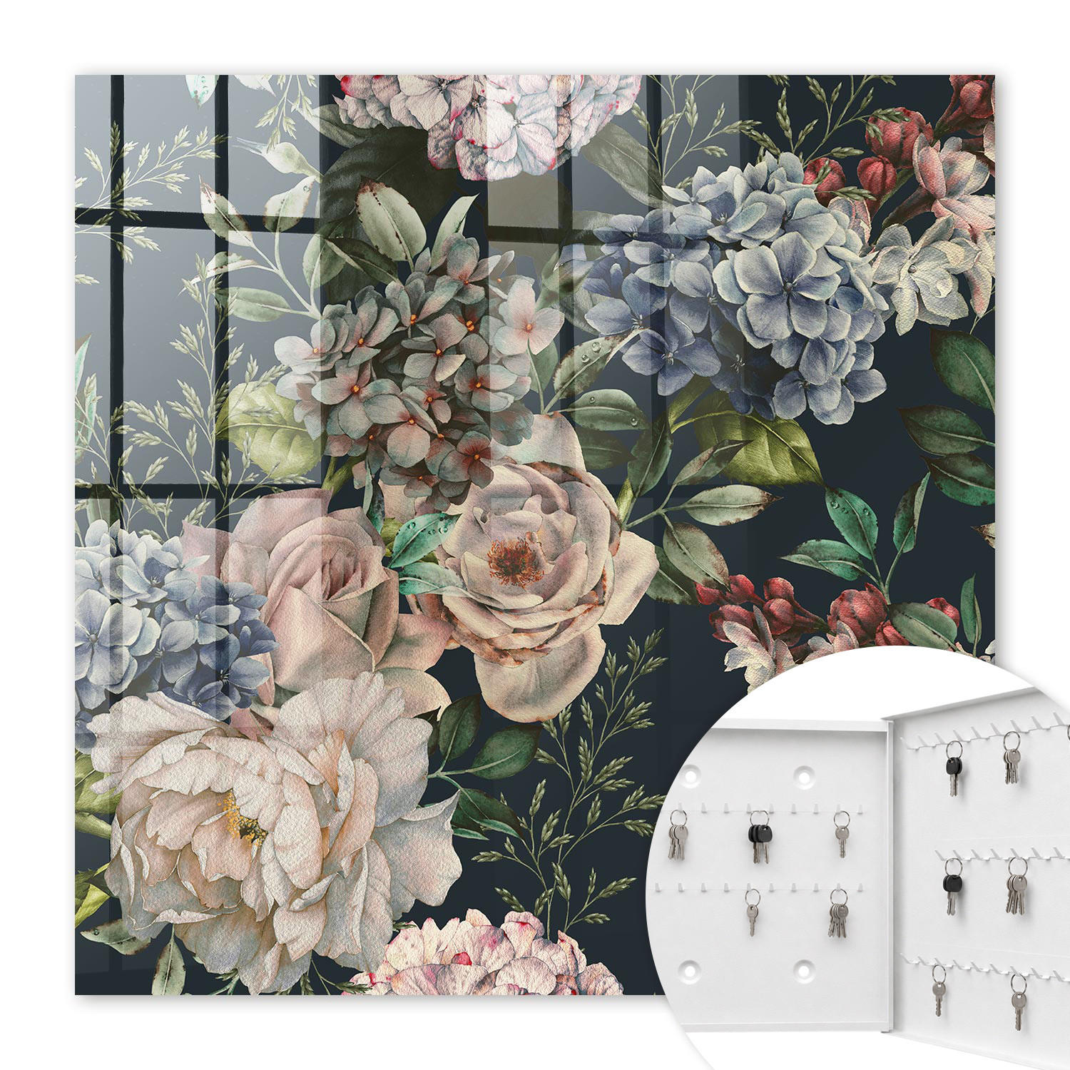 SCHLÜSSELBOX Weiß 30x30 cm – Türöffnung nach rechts - Blumenmuster - Grün, Metall (30/30/5cm) - TULUP