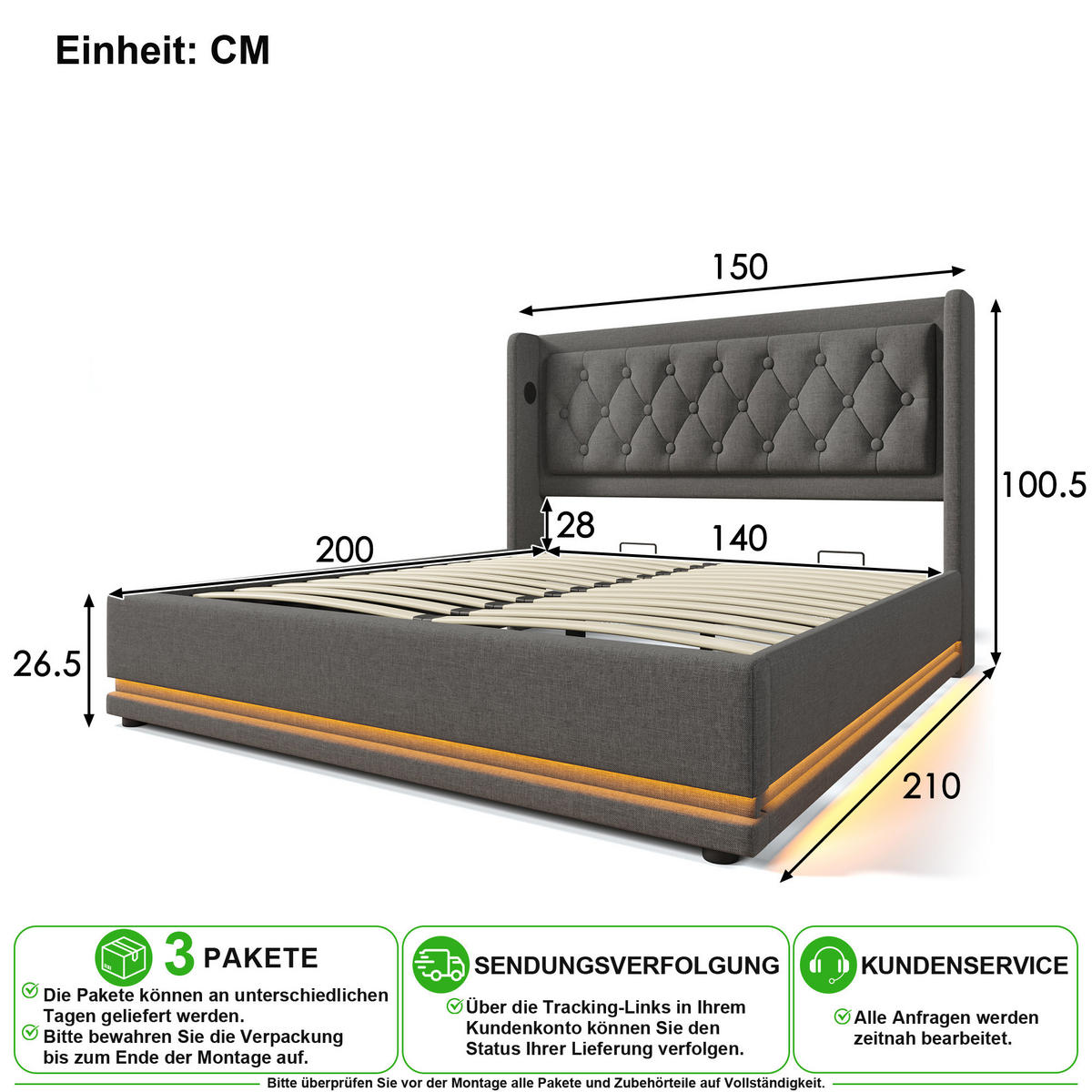 POLSTERBETT 140/200 cm in Grau Stoff mit Bettkasten, LED, USB und Matratze - Grau, Holzwerkstoff/Textil (140/200cm) - CHICFURN