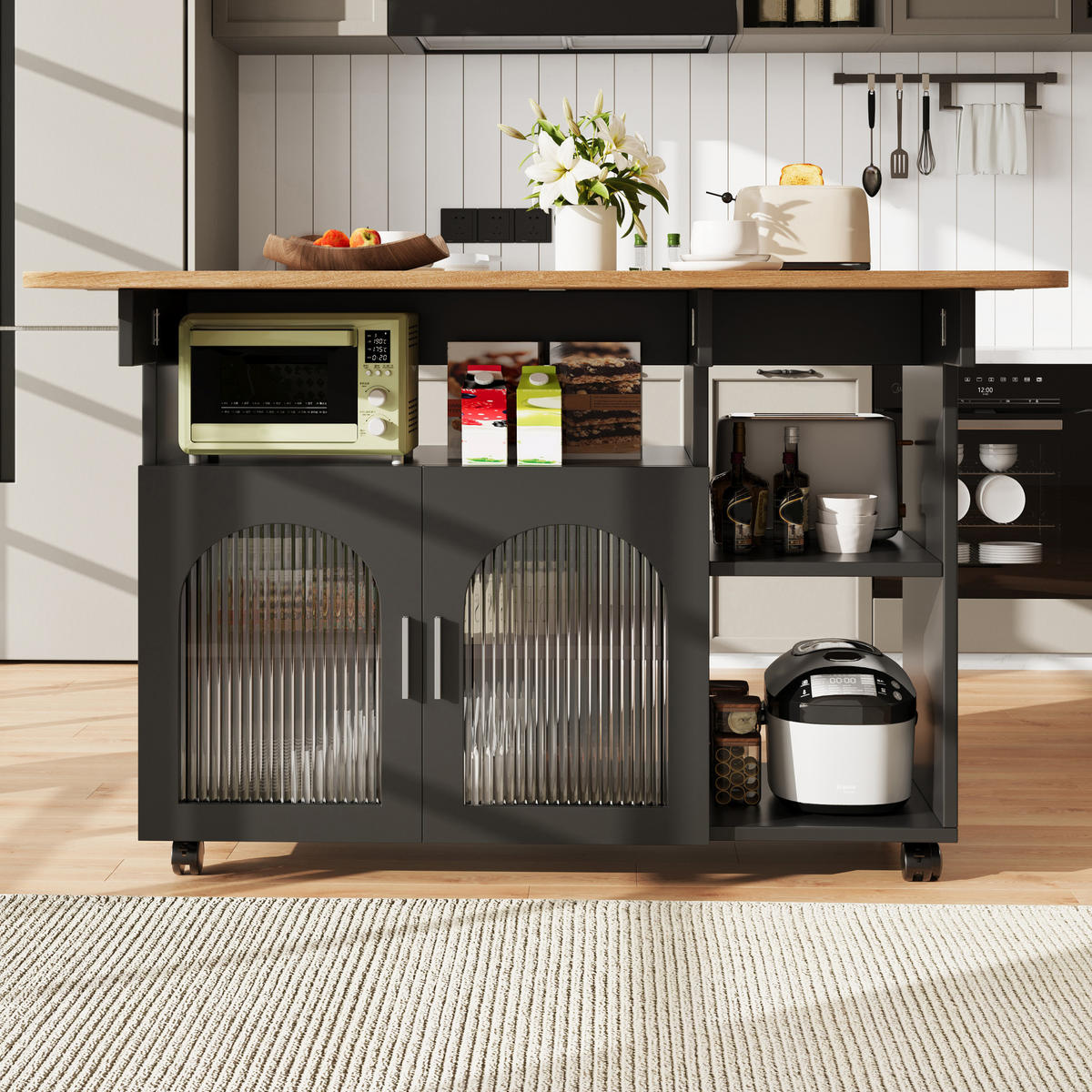 KÜCHENINSEL 120/79,5/30 cm Schwarz/Natur aus MDF und Glas mit klappbarer Tischplatte - Schwarz, Holzwerkstoff (30/79.5/120cm) - OKMYHOME