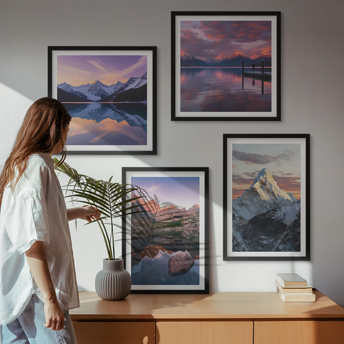 WANDBILDER 4er-Set - 50x50 cm & 40x60 cm Schwarzer Rahmen - Berglandschaften im Hintergrund - Schwarz, Kunststoff (50/50cm) - ArtPrintCave