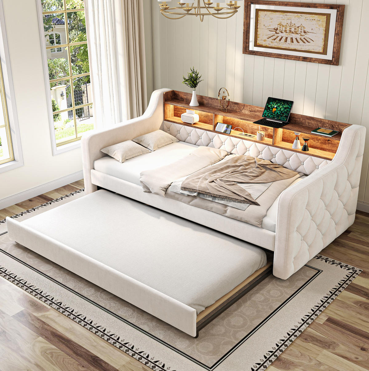POSTEĽ z velúru 90/190 cm béžová, rozkladacia s úložným priestorom, LED a USB-C - béžová, textil (90/190cm) - BEAOK