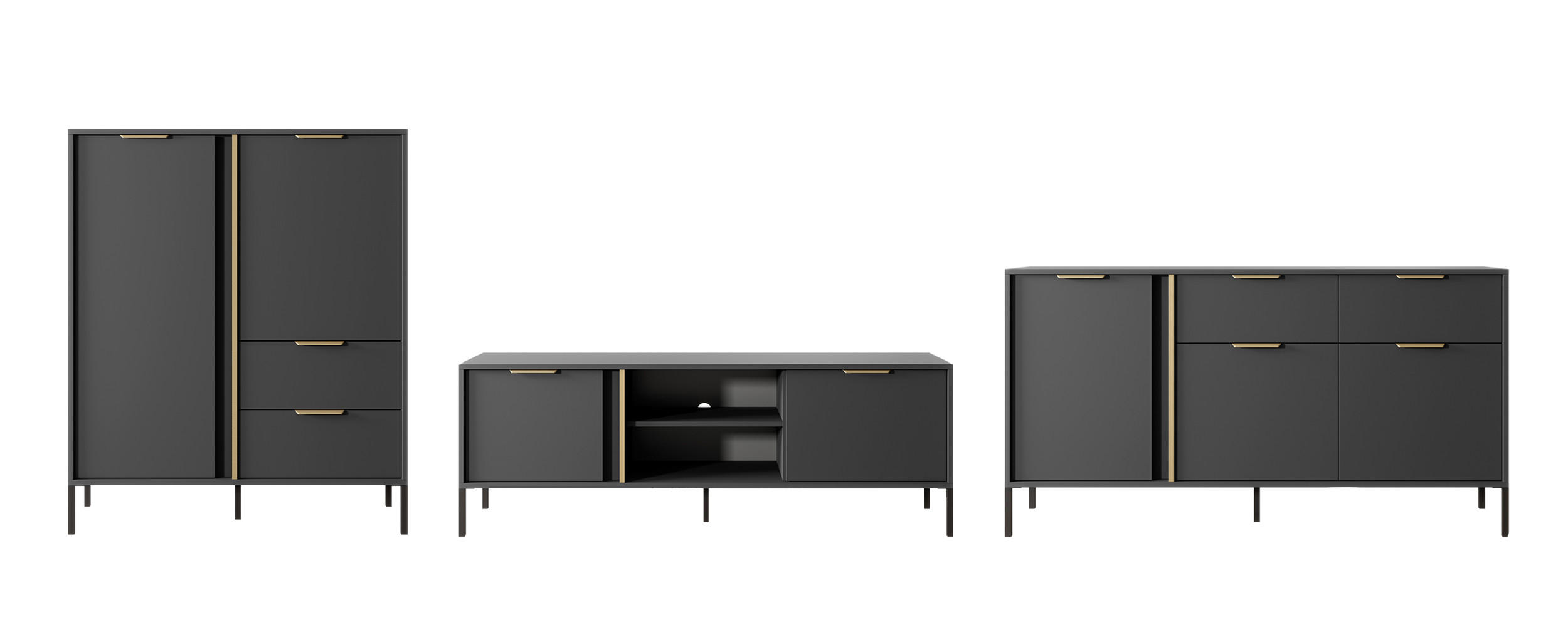 WOHNZIMMER-SET Lars anthrazit / gold 3-teilig - Anthrazit/Goldfarben, Holz/Holzwerkstoff (410/123/40cm) - Feldmann-Wohnen