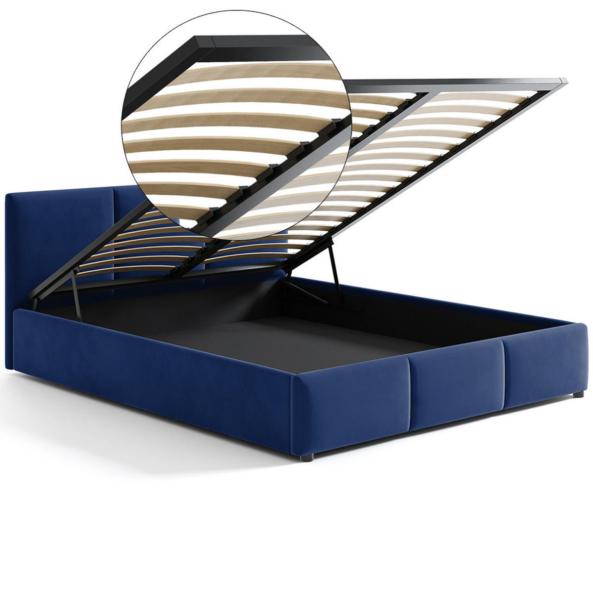POLSTERBETT 160×200 mit Bettkasten und Lattenrost Nela HLR-64 Blau Velours - Blau, Holz (160/200cm) - Jana