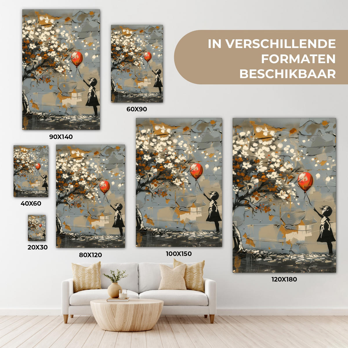LEINWANDBILD Baum - Graffiti - Banksy-Stil - Ballon-Mädchen Wanddeko Schlafzimmer 60x90 cm - Blaugrau, Textil (60/90cm) - MuchoWow