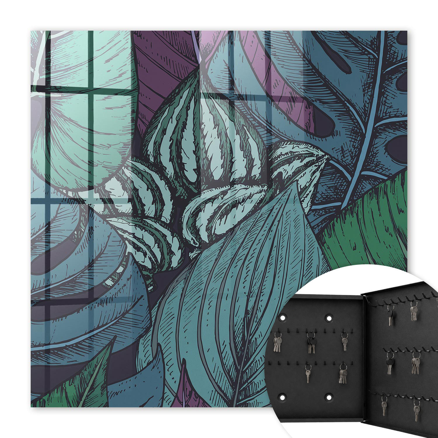 SCHLÜSSELBOX Schwarz 30x30 cm- Türöffnung nach rechts - Geheimnisvolle Blätter - Grün, Metall (30/30/5cm) - TULUP